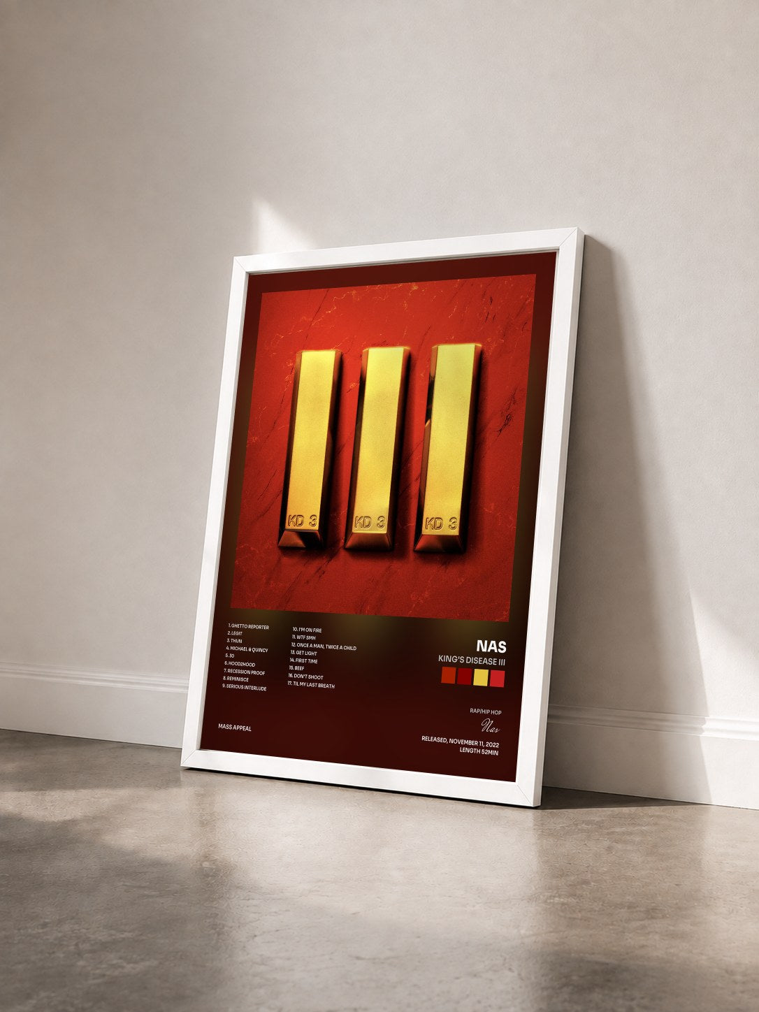 #blanc Tableau de l'album King's Disease III de Nas vu de trois quarts, cadre blanc