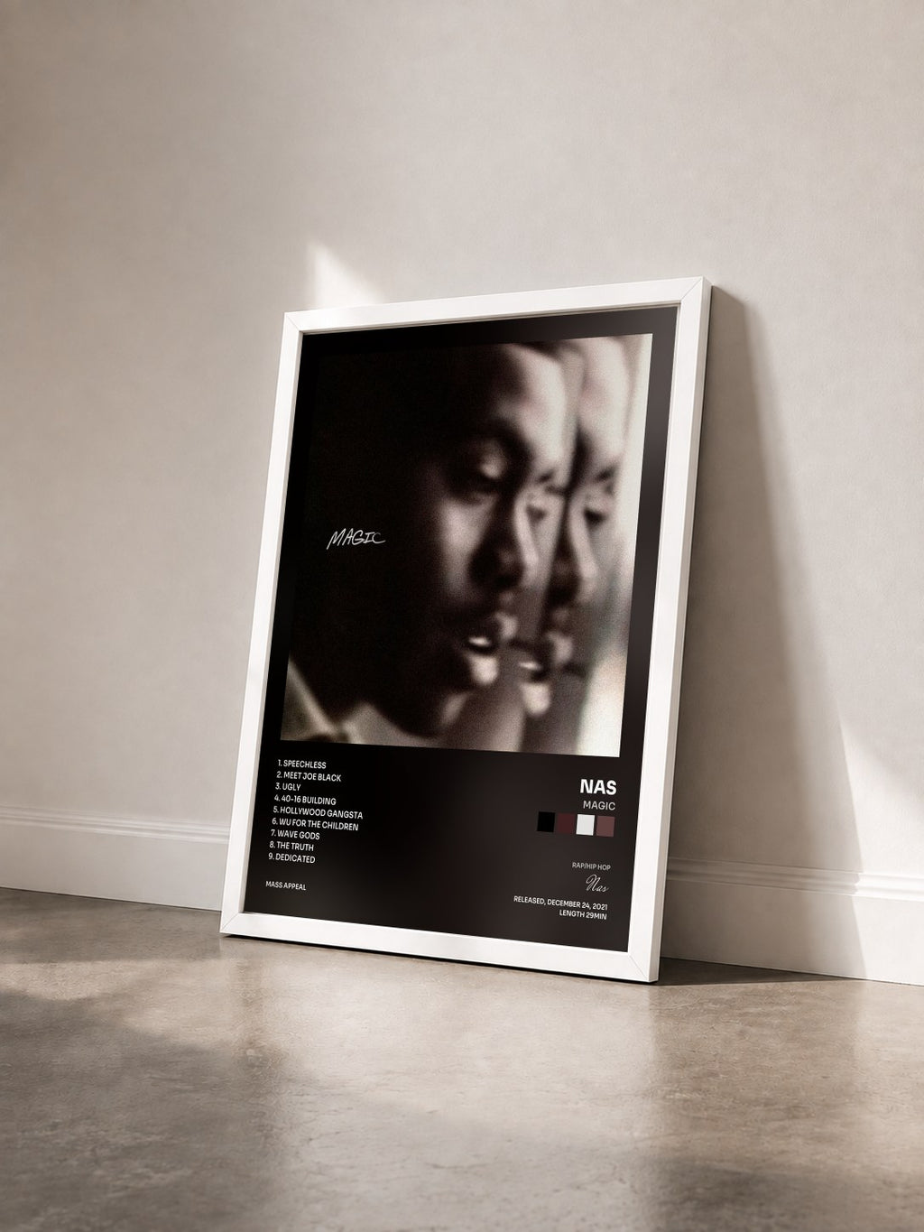 #blanc Tableau de l'album Magic de Nas vu de trois quarts, cadre blanc
