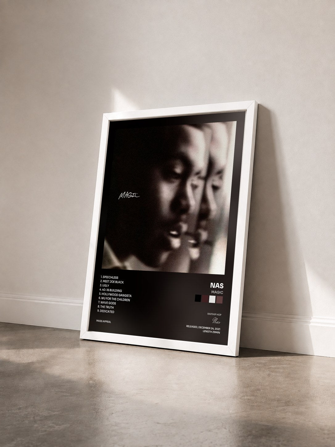 #blanc Tableau de l'album Magic de Nas vu de trois quarts, cadre blanc