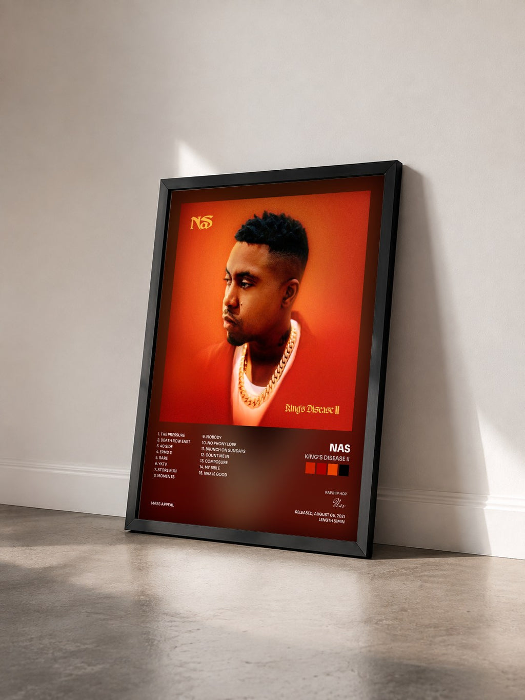 #noir Tableau de l'album King's Disease II de Nas vu de trois quarts, cadre noir