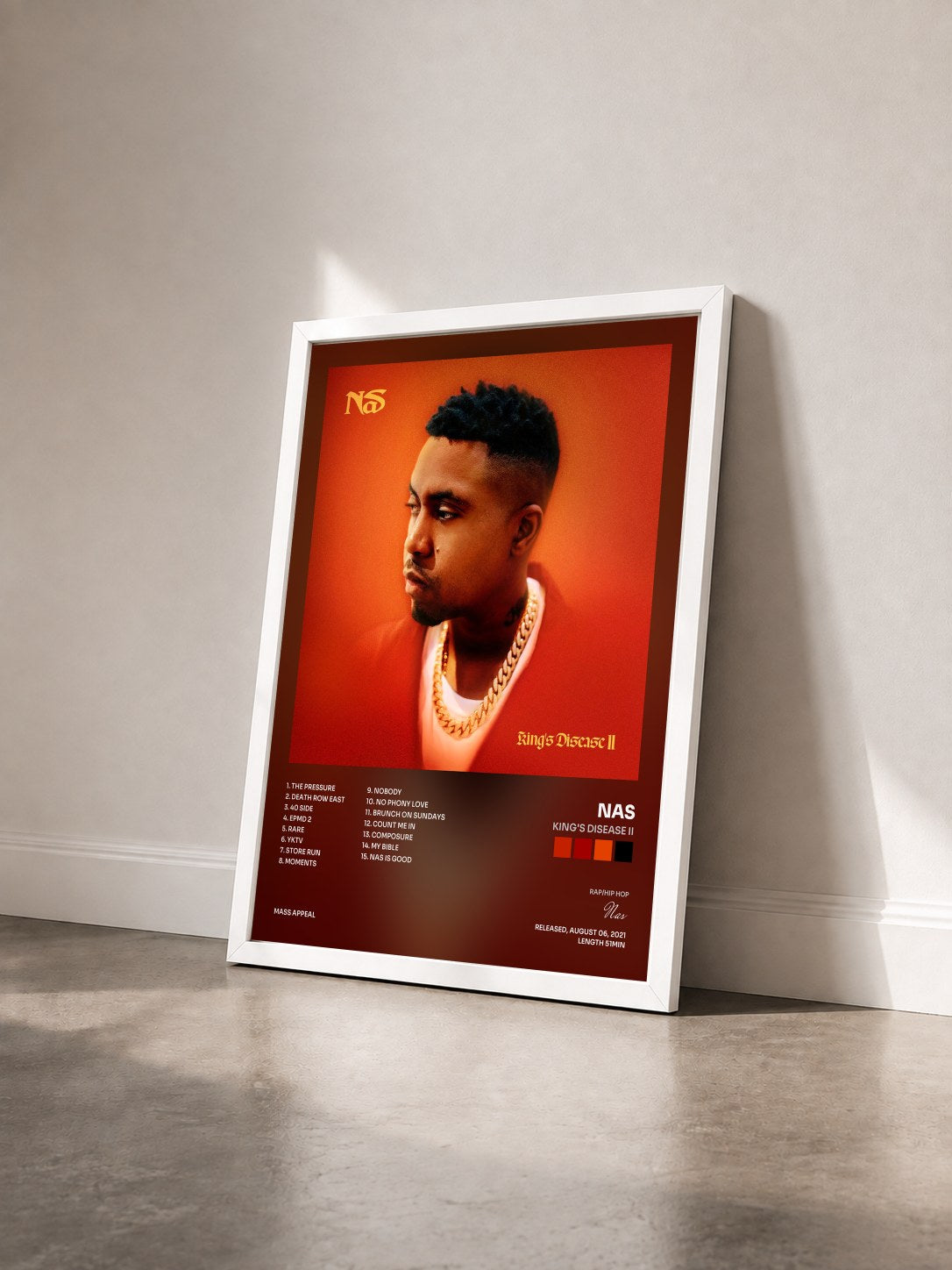 #blanc Tableau de l'album King's Disease II de Nas vu de trois quarts, cadre blanc