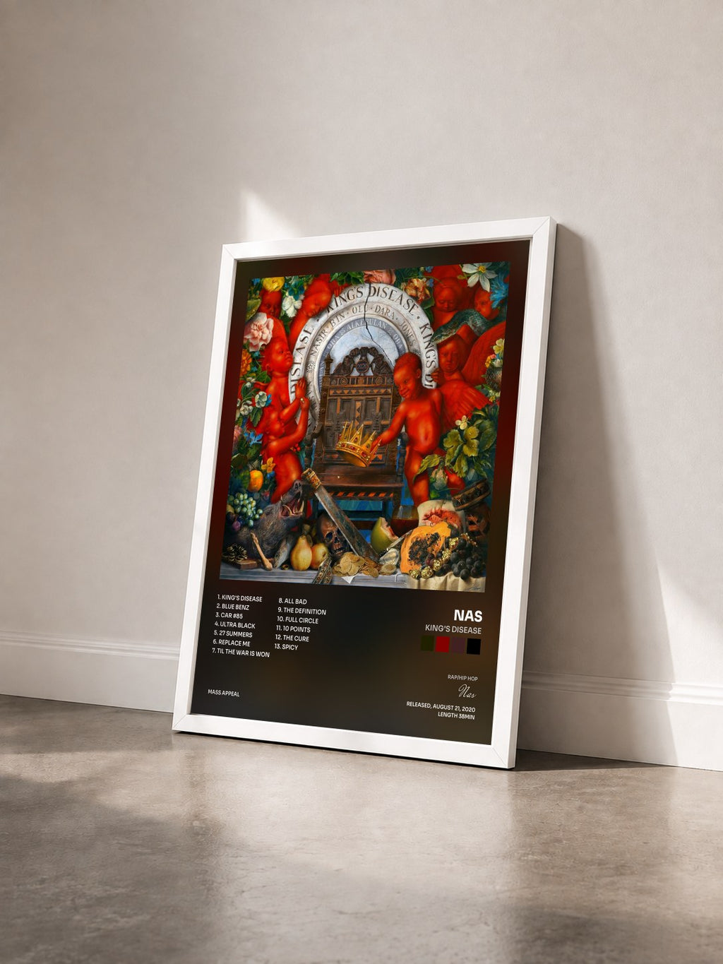 #blanc Tableau de l'album King's Disease de Nas vu de trois quarts, cadre blanc