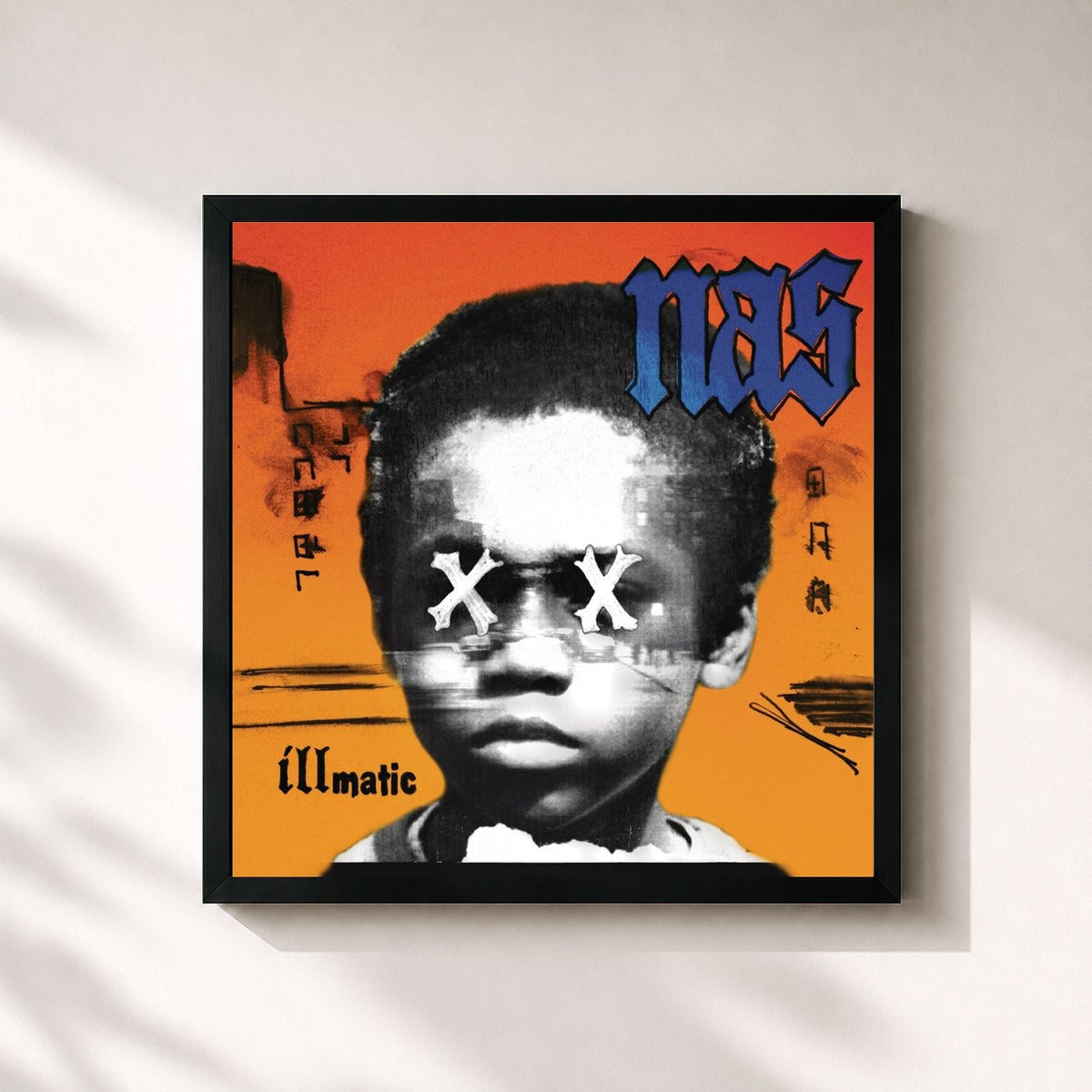 #noir Tableau carré de l'album Illmatic XX de Nas, cadre noir 32x32 cm