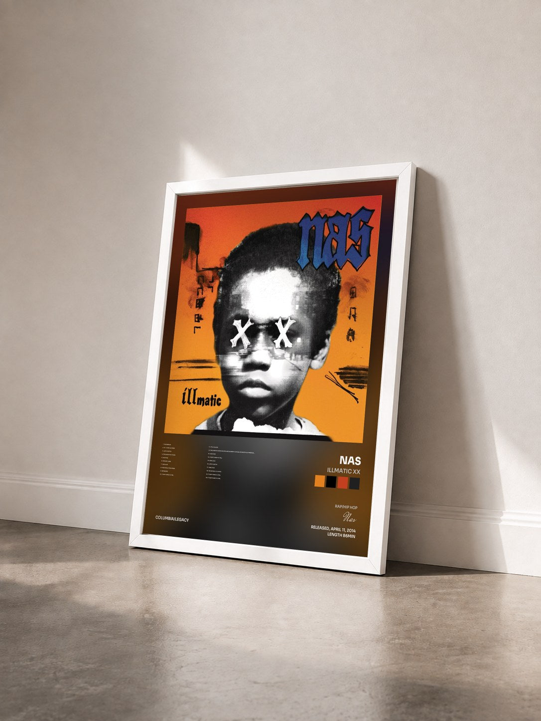 #blanc Tableau de l'album Illmatic XX de Nas vu de trois quarts, cadre blanc