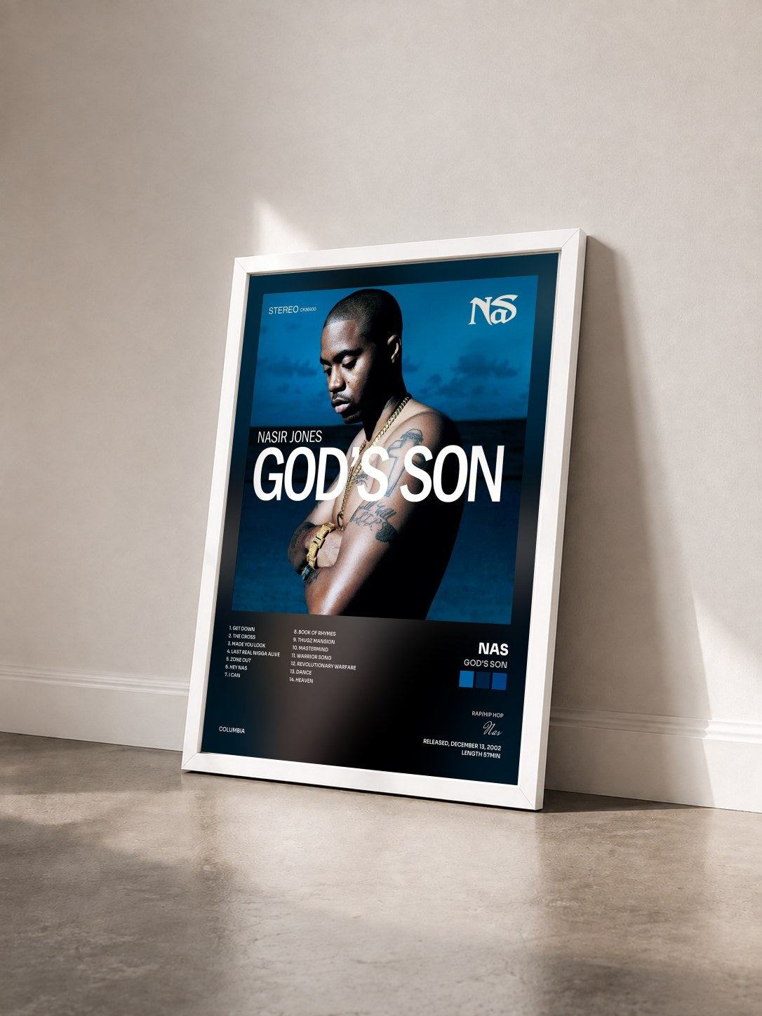 #blanc Tableau de l'album God's Son de Nas vu de trois quarts, cadre blanc