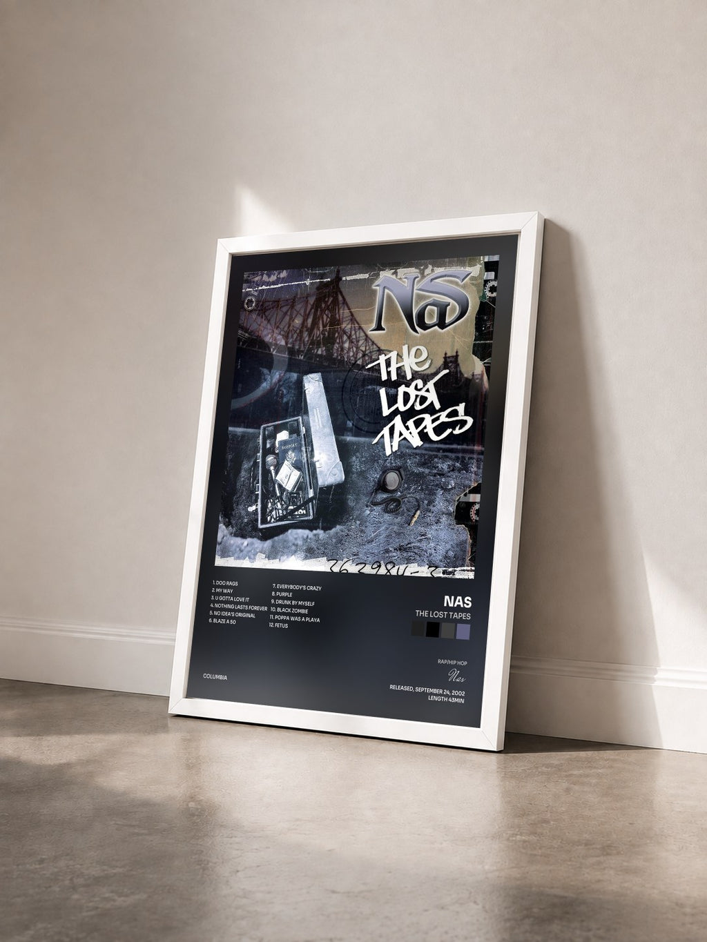 #blanc Tableau de l'album The Lost Tapes de Nas vu de trois quarts, cadre blanc