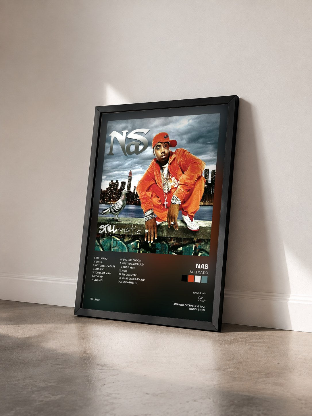#noir Tableau de l'album Stillmatic de Nas vu de trois quarts, cadre noir