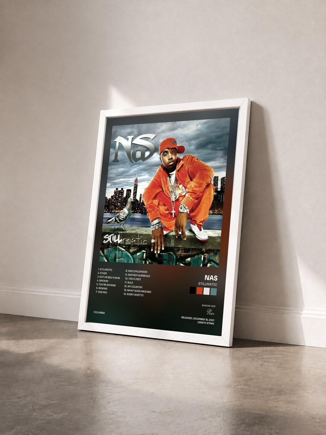 #blanc Tableau de l'album Stillmatic de Nas vu de trois quarts, cadre blanc