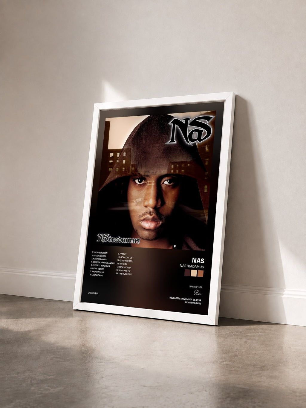#blanc Nastradamus by Nas as a framed art print seen at an angle, white frame