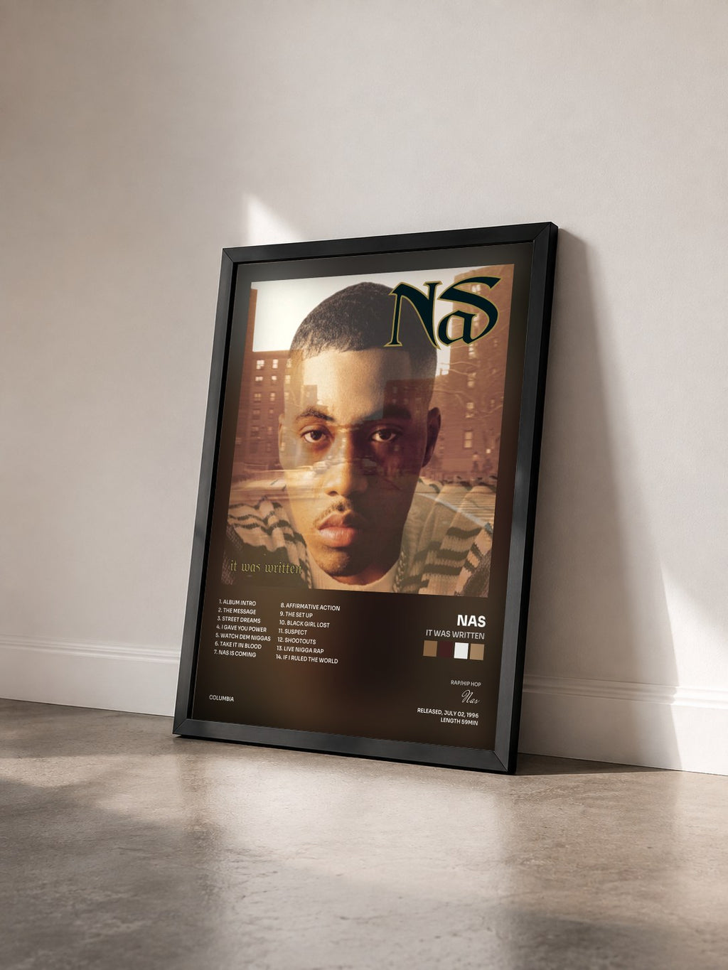 #noir Tableau de l'album It Was Written de Nas vu de trois quarts, cadre noir