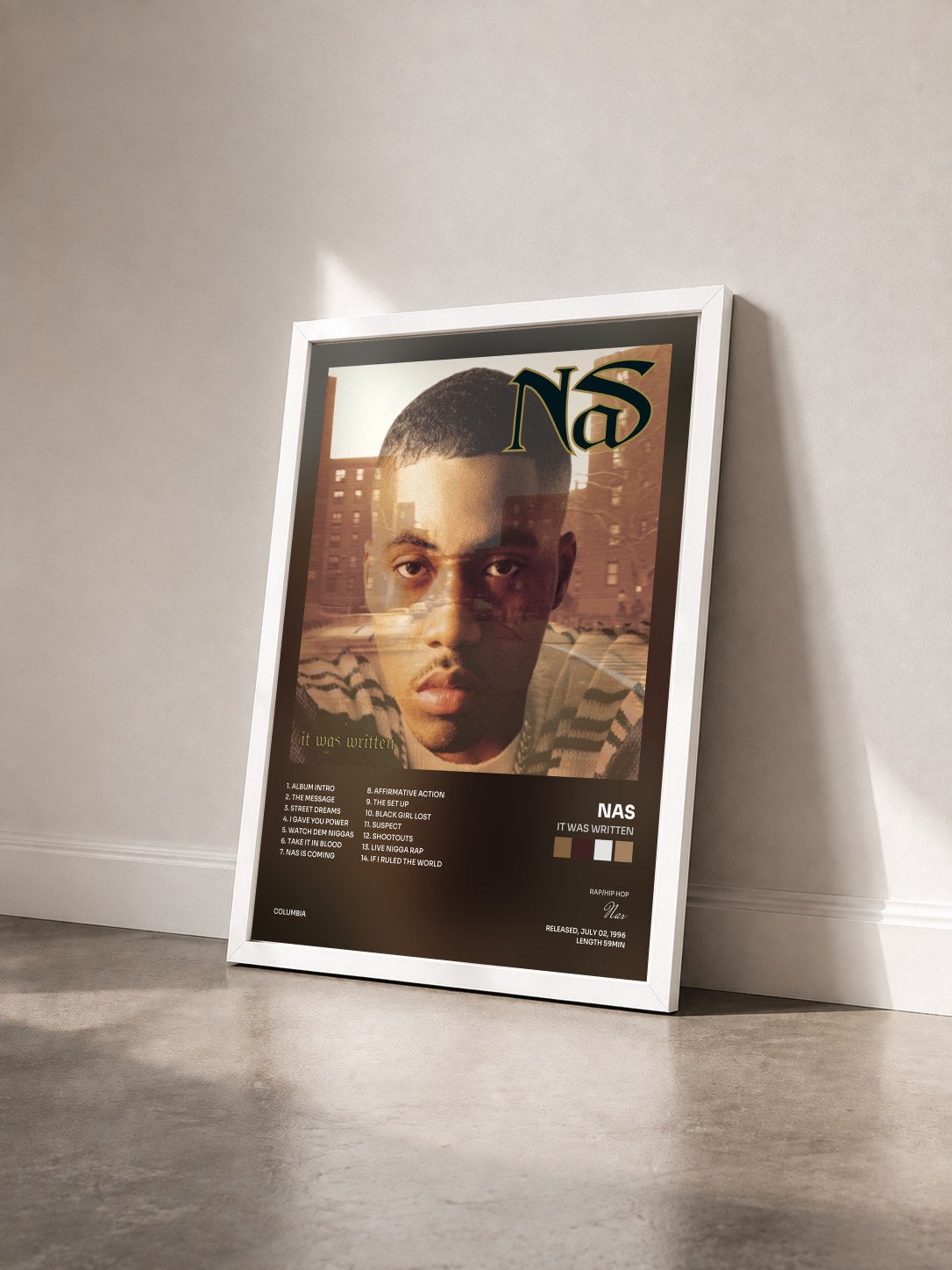 #blanc Tableau de l'album It Was Written de Nas vu de trois quarts, cadre blanc