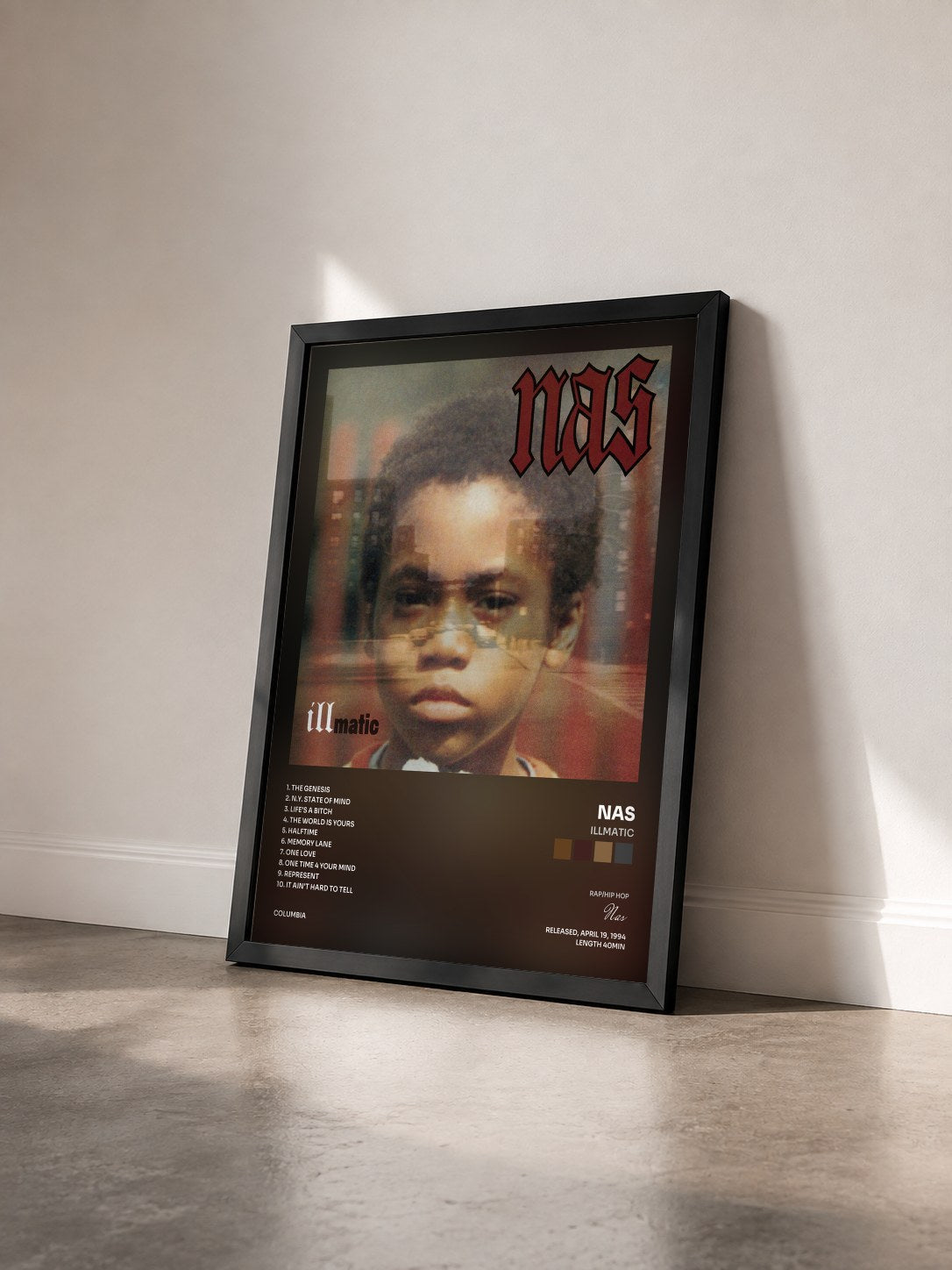 #noir Illmatic by Nas as a framed art print seen at an angle, black frame
