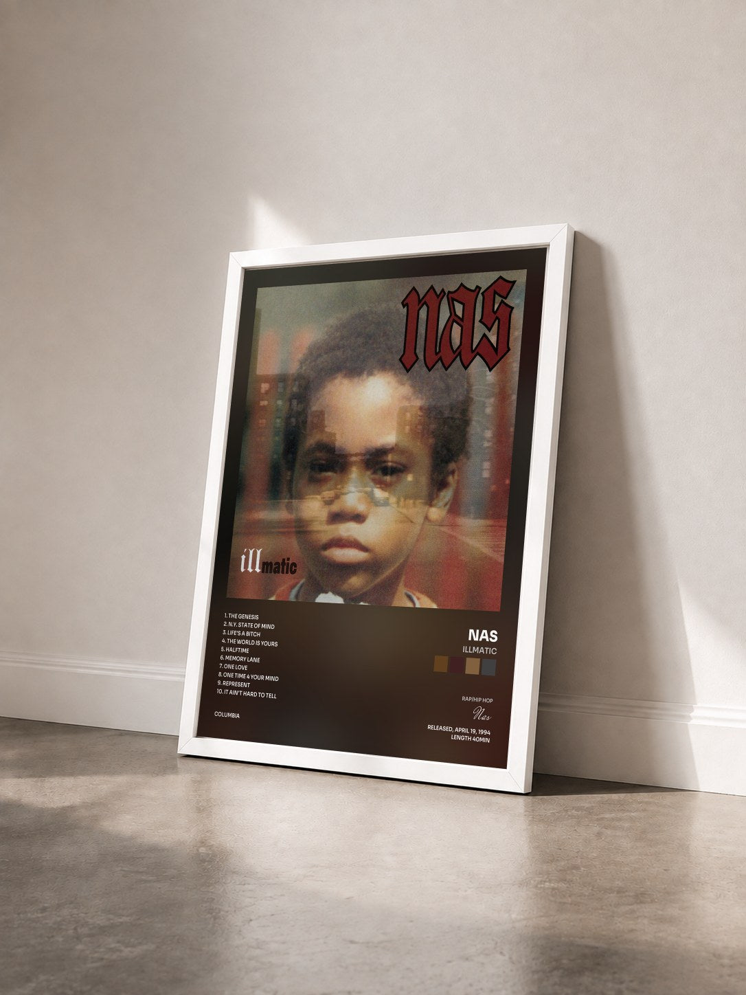#blanc Illmatic by Nas as a framed art print seen at an angle, white frame