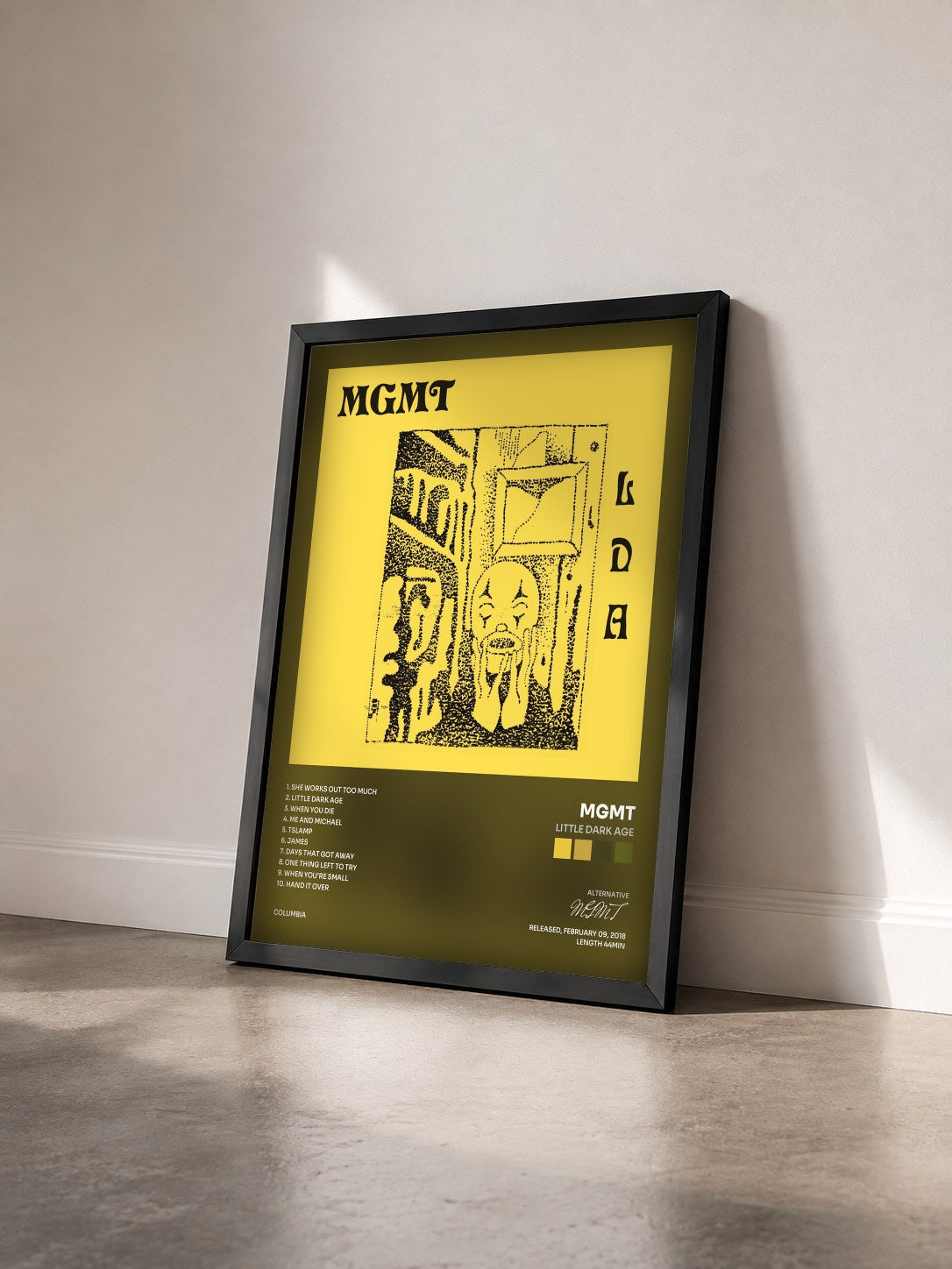 #noir Tableau de l'album Little Dark Age de MGMT vu de trois quarts, cadre noir