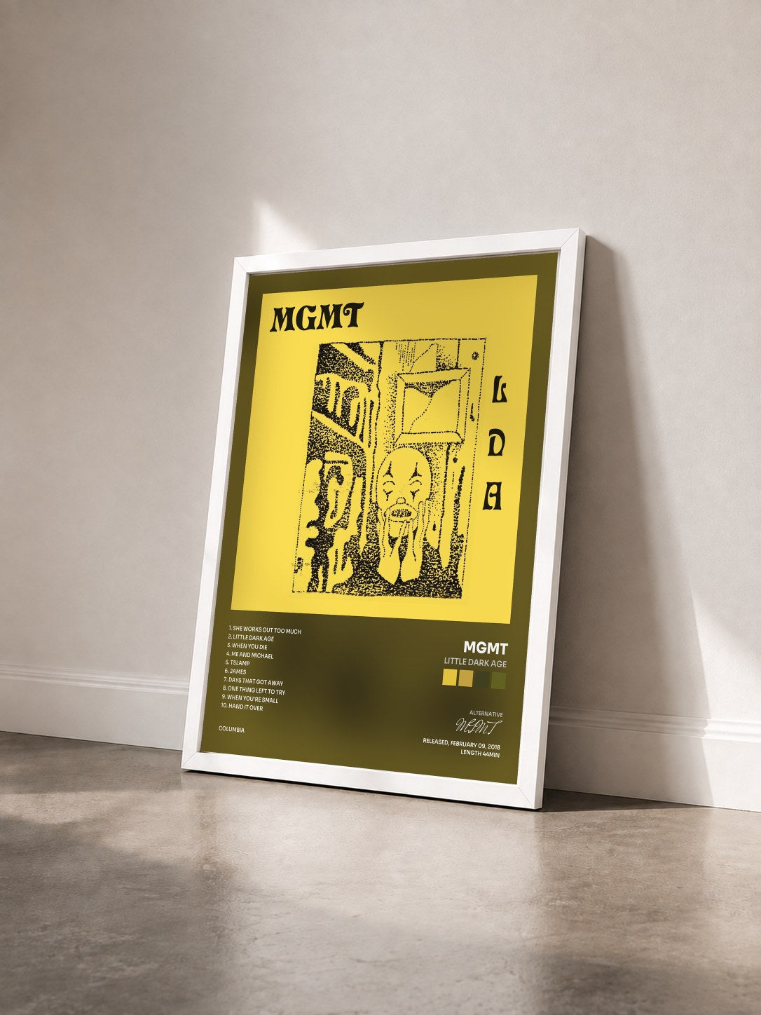 #blanc Tableau de l'album Little Dark Age de MGMT vu de trois quarts, cadre blanc
