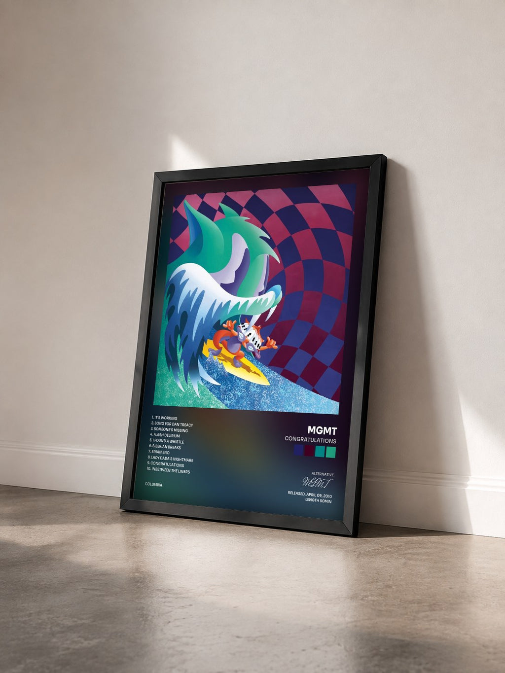 #noir Tableau de l'album Congratulations de MGMT vu de trois quarts, cadre noir