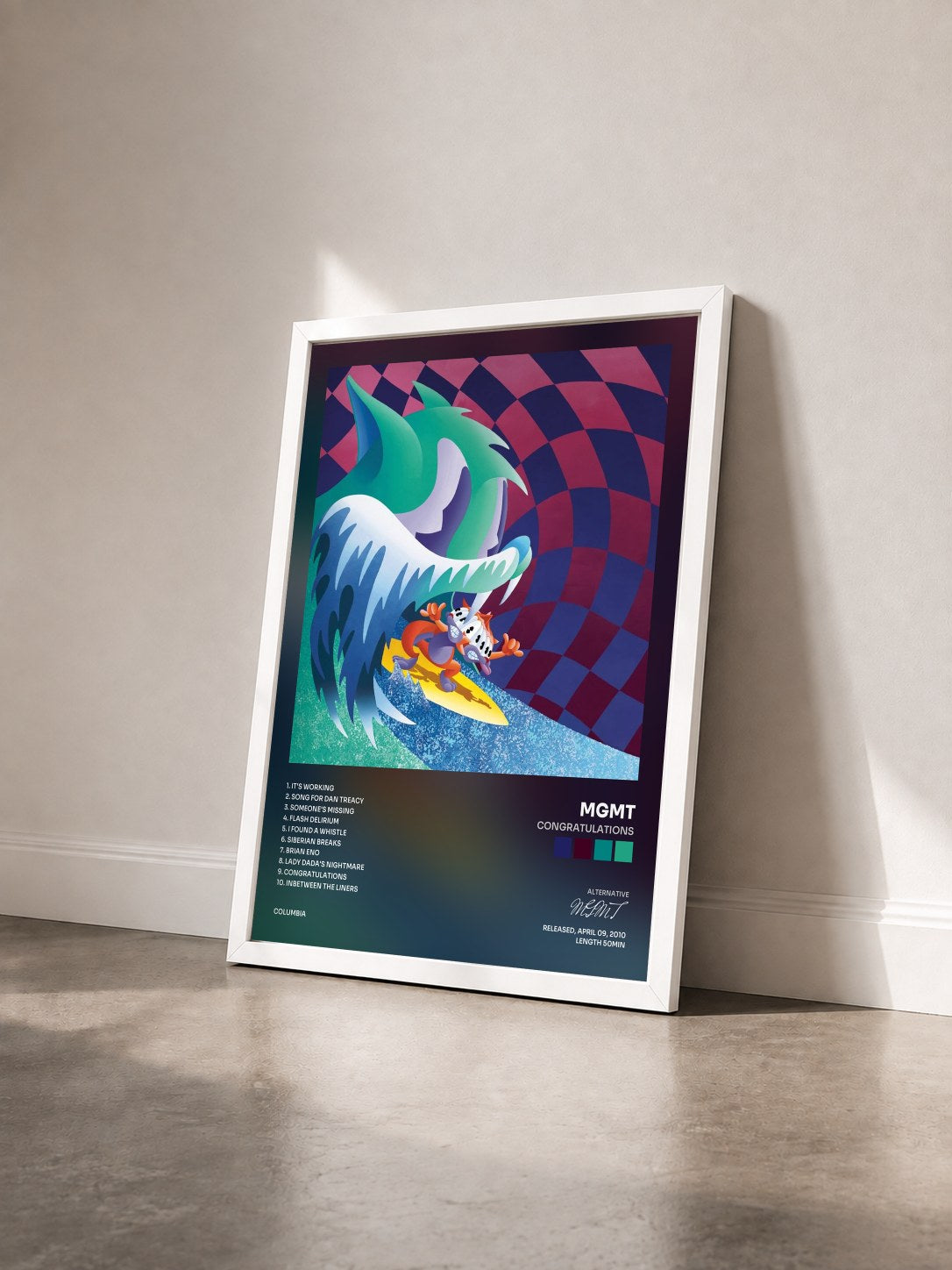 #blanc Tableau de l'album Congratulations de MGMT vu de trois quarts, cadre blanc