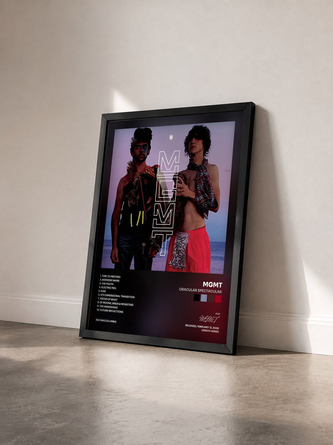 #noir Tableau de l'album Oracular Spectacular de MGMT vu de trois quarts, cadre noir
