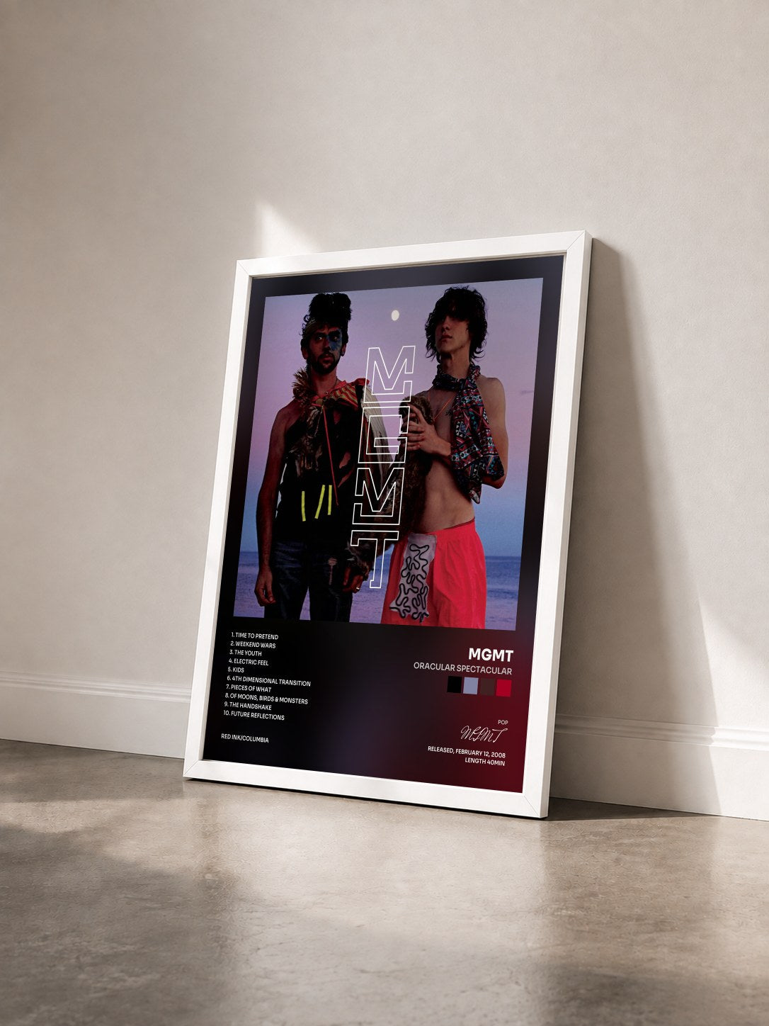 #blanc Tableau de l'album Oracular Spectacular de MGMT vu de trois quarts, cadre blanc