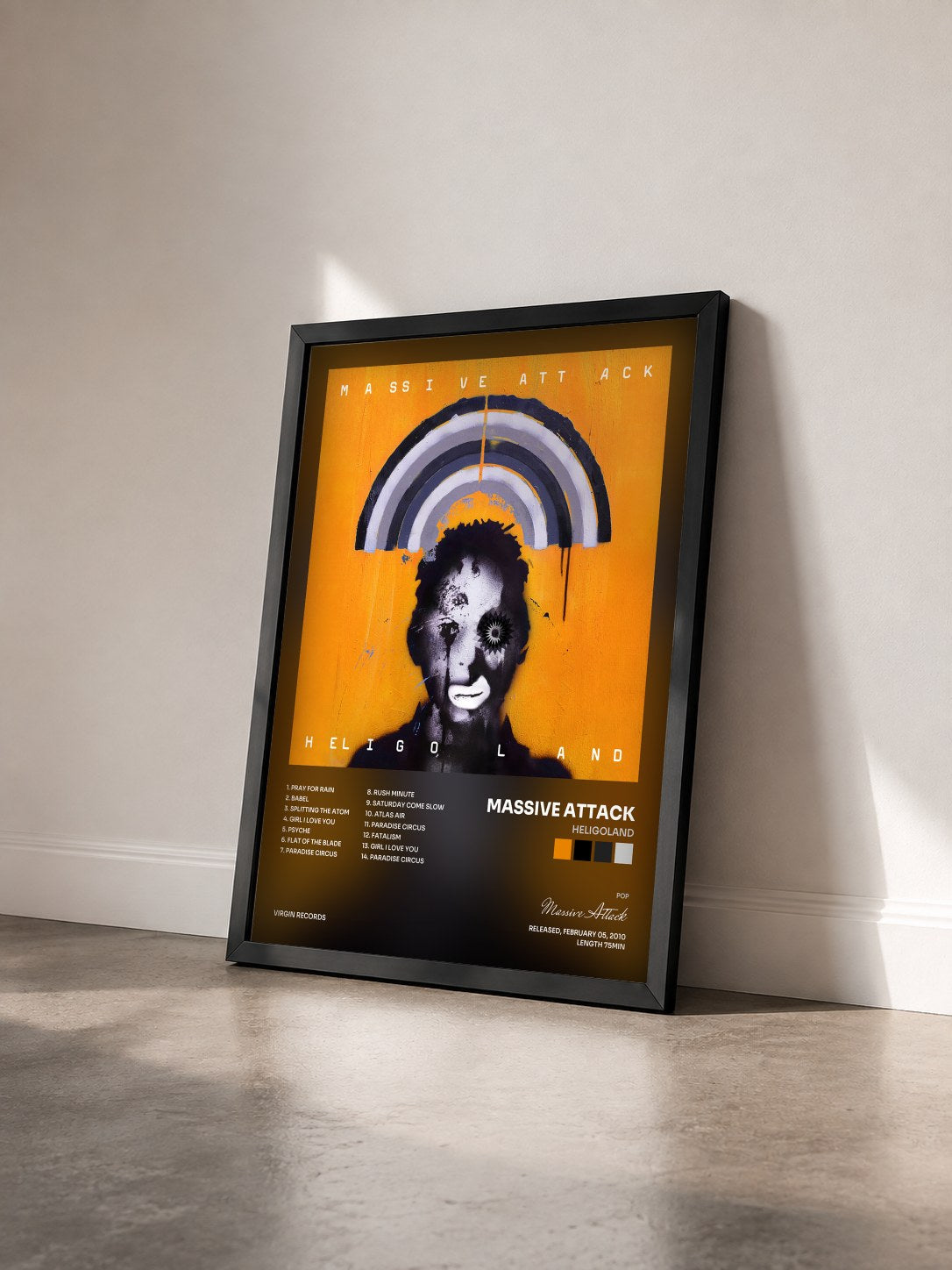 #noir Heligoland by Massive Attack as a framed art print seen at an angle, black frame