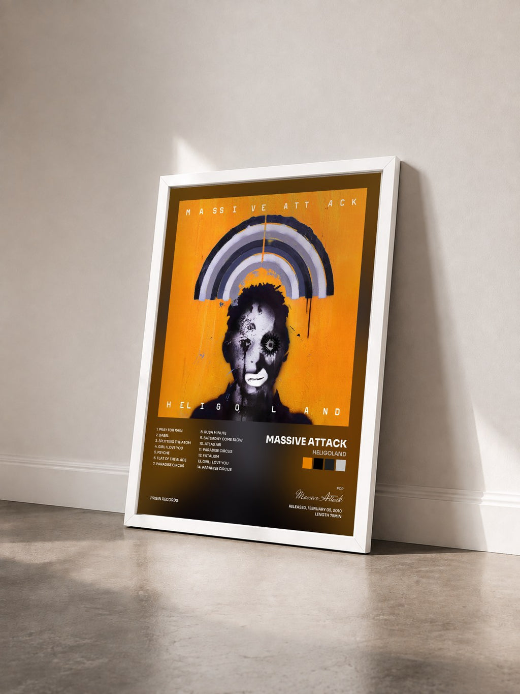 #blanc Heligoland by Massive Attack as a framed art print seen at an angle, white frame