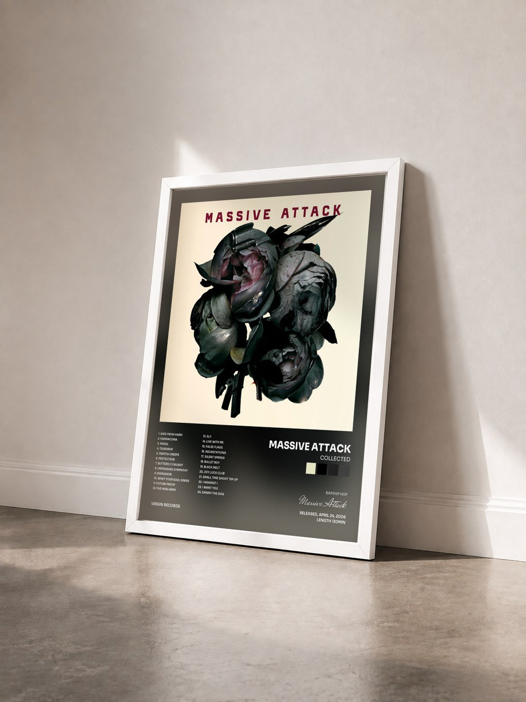#blanc Tableau de l'album Collected de Massive Attack vu de trois quarts, cadre blanc