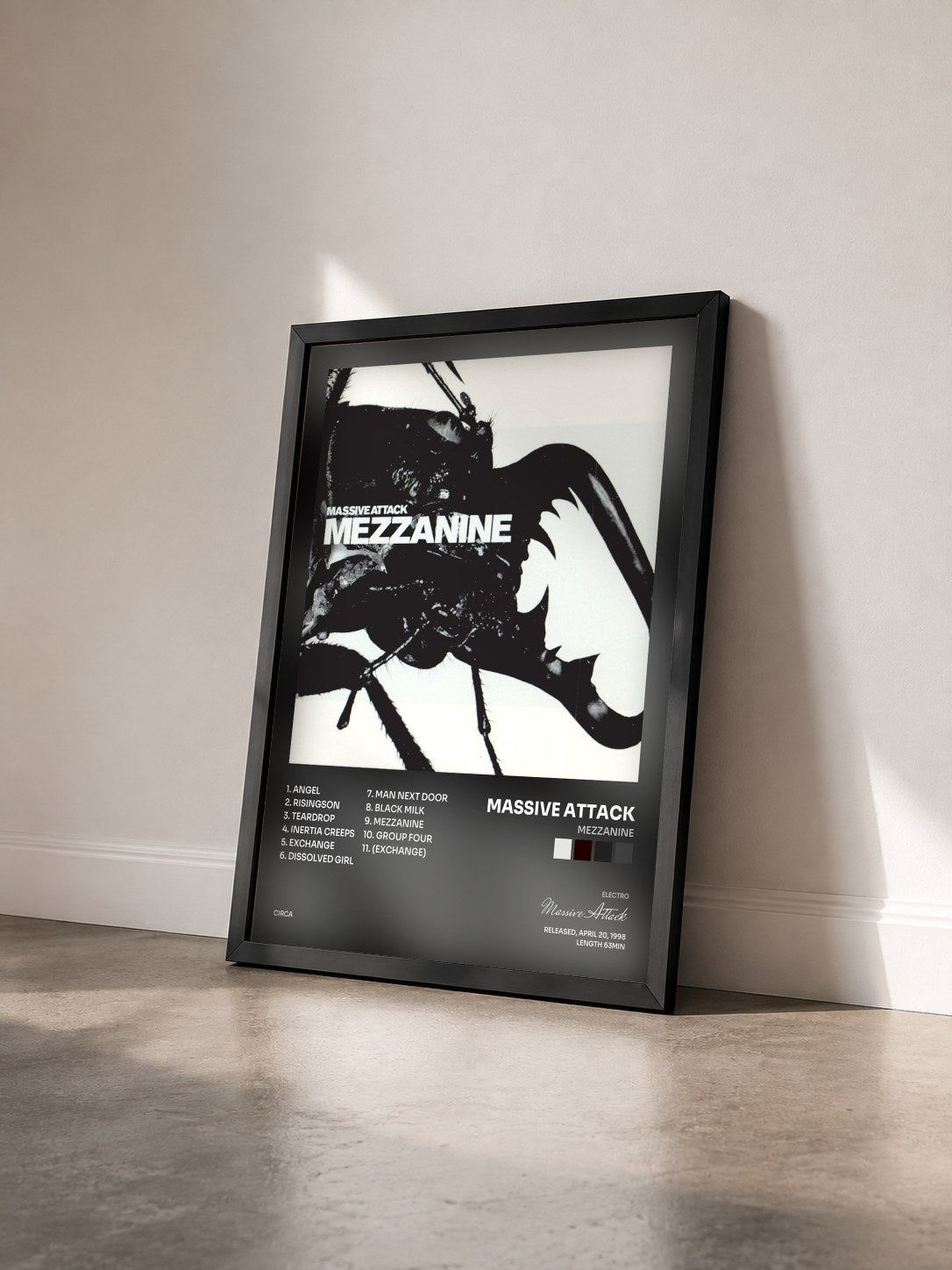 #noir Mezzanine by Massive Attack as a framed art print seen at an angle, black frame