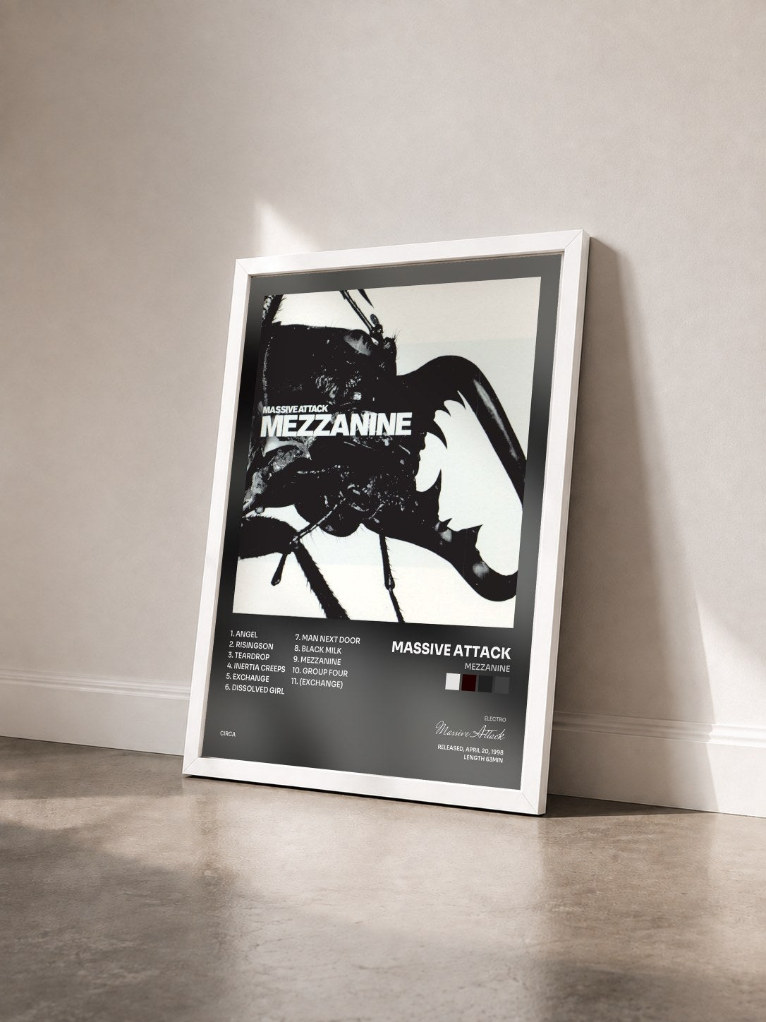 #blanc Mezzanine by Massive Attack as a framed art print seen at an angle, white frame