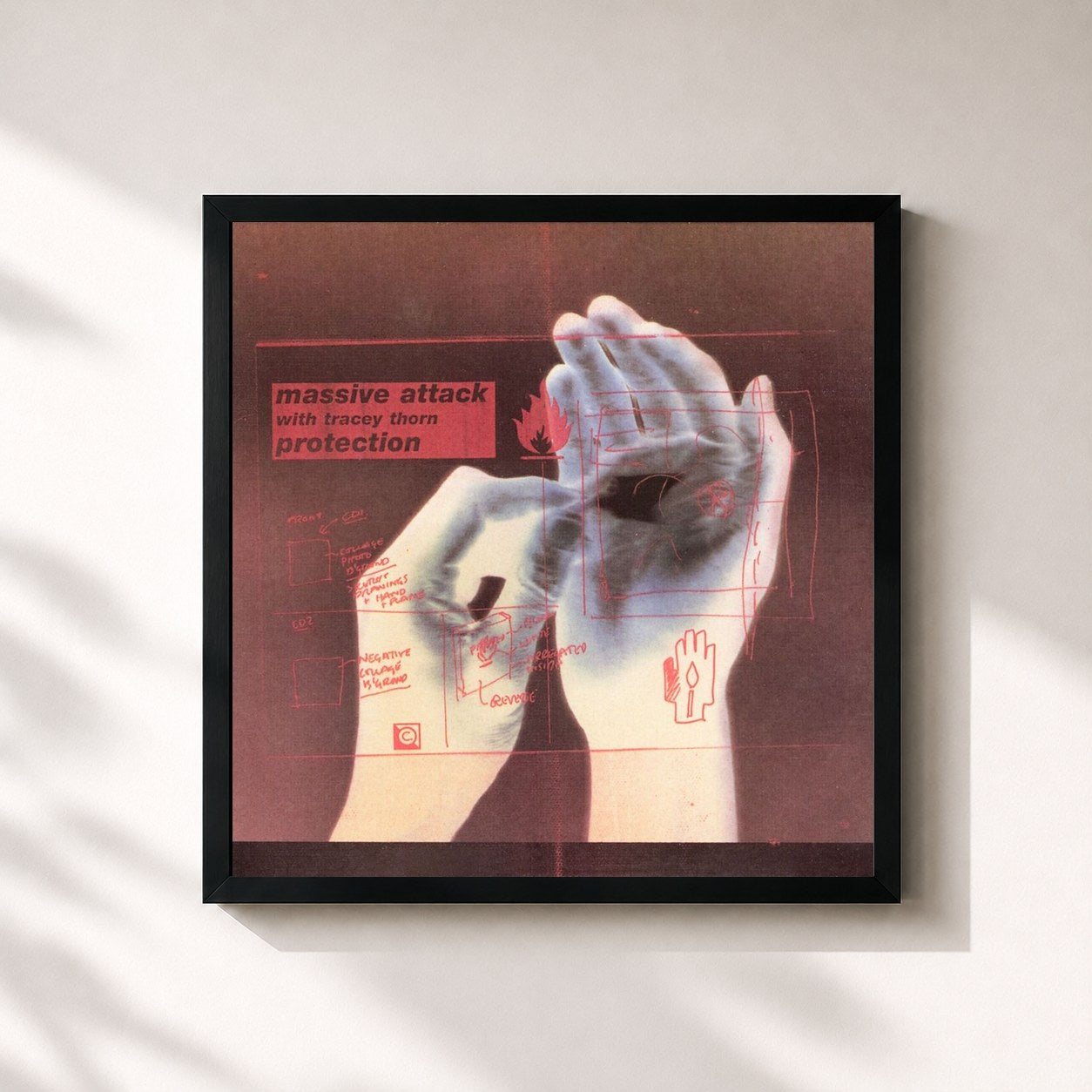#noir Tableau carré de l'album Protection de Massive Attack, cadre noir 32x32 cm