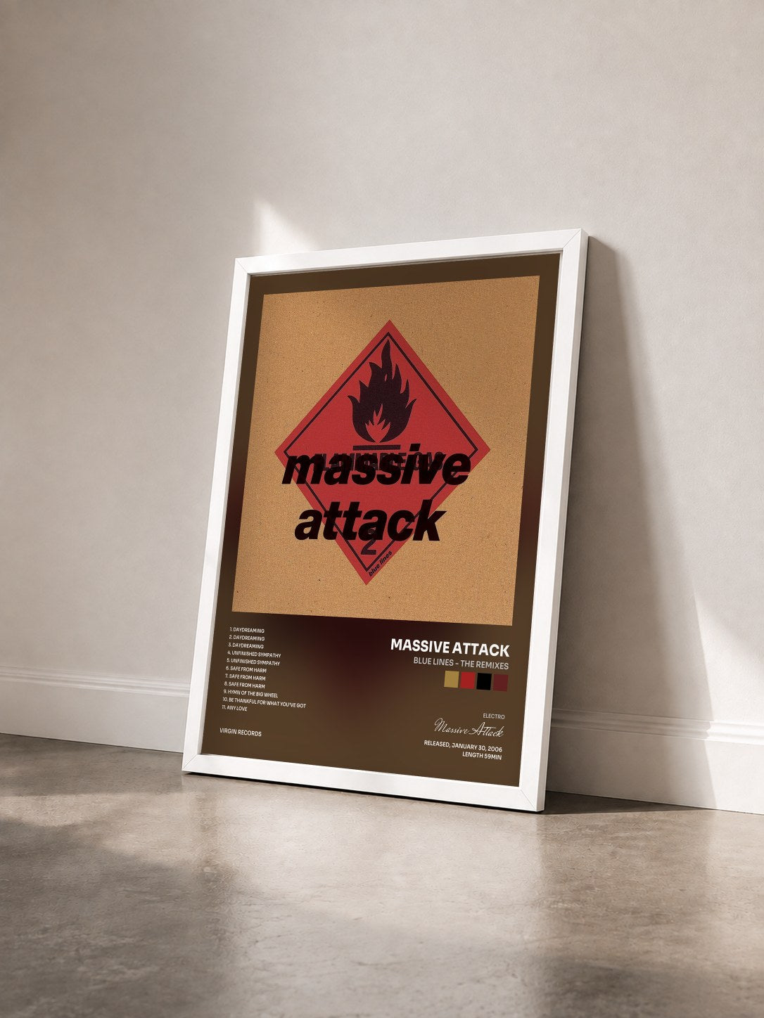 #blanc Tableau de l'album Blue Lines - The Remixes de Massive Attack vu de trois quarts, cadre blanc