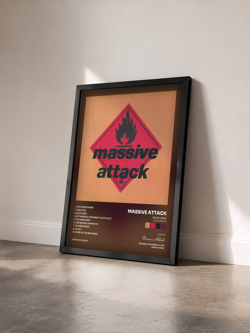 #noir Tableau de l'album Blue Lines (2012 Mix/Master) de Massive Attack vu de trois quarts, cadre noir