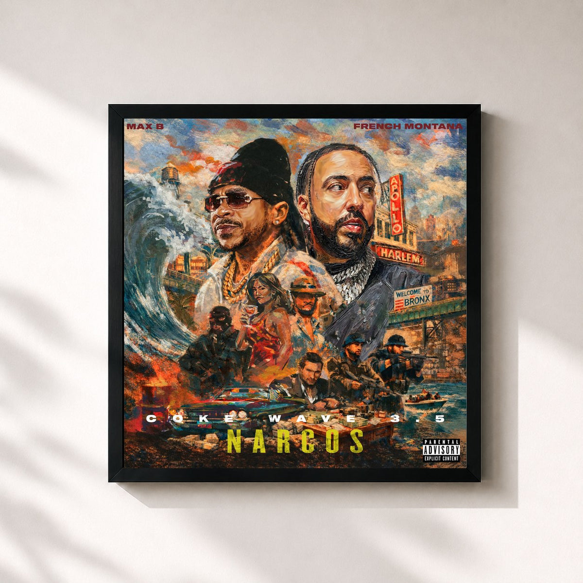 #noir Tableau carré de l'album Coke Wave 3.5: Narcos de French Montana, cadre noir 32x32 cm