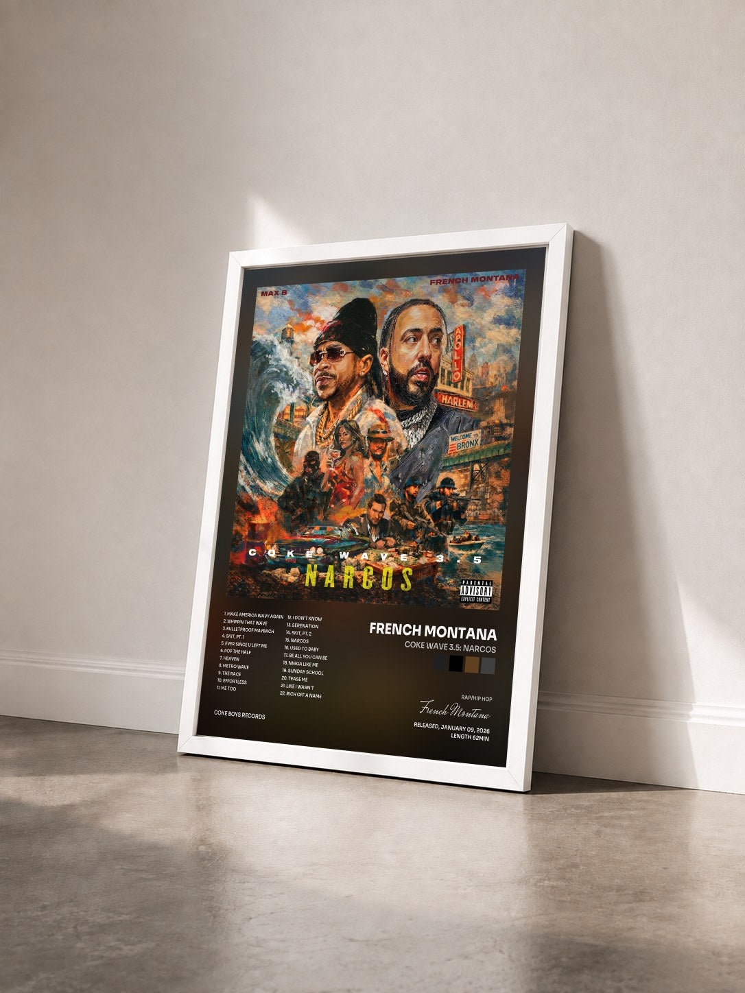 #blanc Tableau de l'album Coke Wave 3.5: Narcos de French Montana vu de trois quarts, cadre blanc