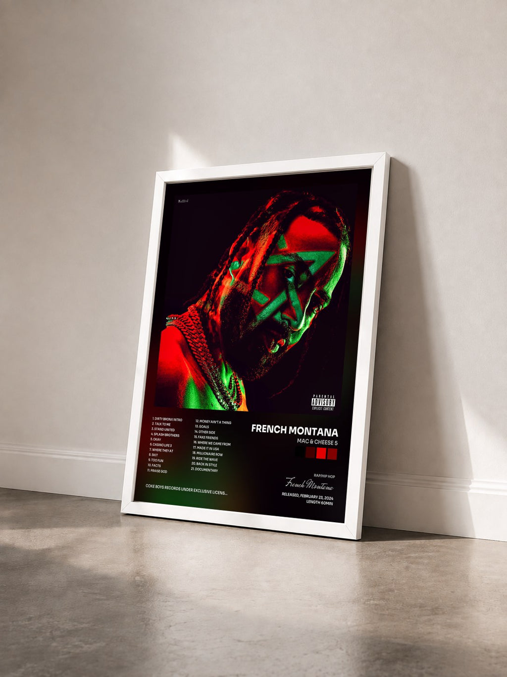 #blanc Tableau de l'album Mac & Cheese 5 de French Montana vu de trois quarts, cadre blanc