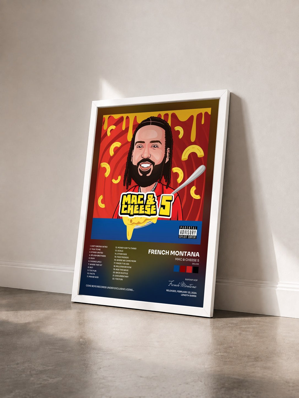 #blanc Mac & Cheese 5 (Deluxe) di French Montana in stampa incorniciata vista di tre quarti, cornice bianca