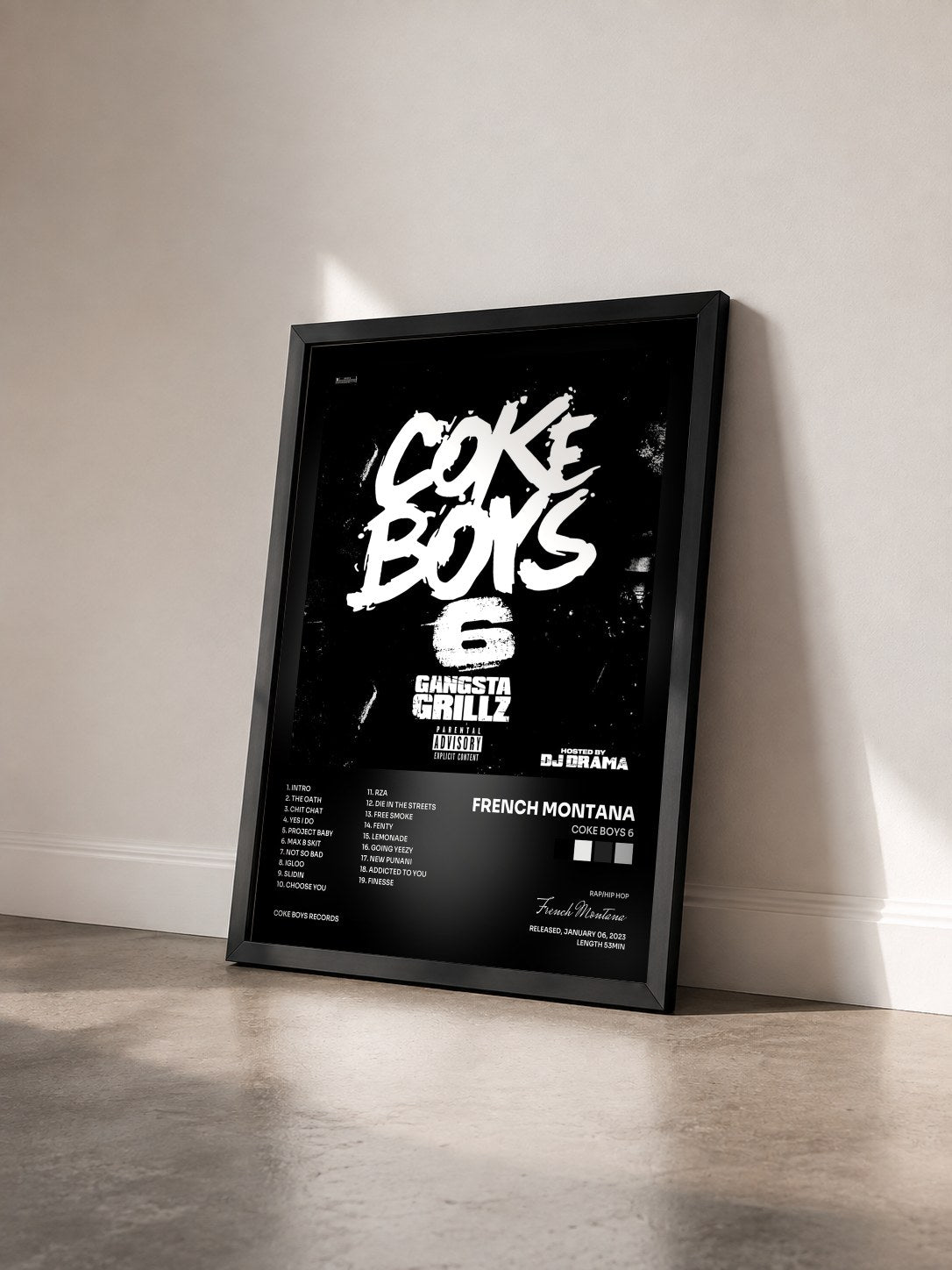 #noir Tableau de l'album Coke Boys 6 de French Montana vu de trois quarts, cadre noir