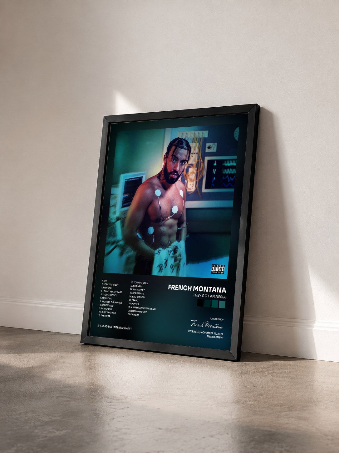 #noir Tableau de l'album They Got Amnesia de French Montana vu de trois quarts, cadre noir