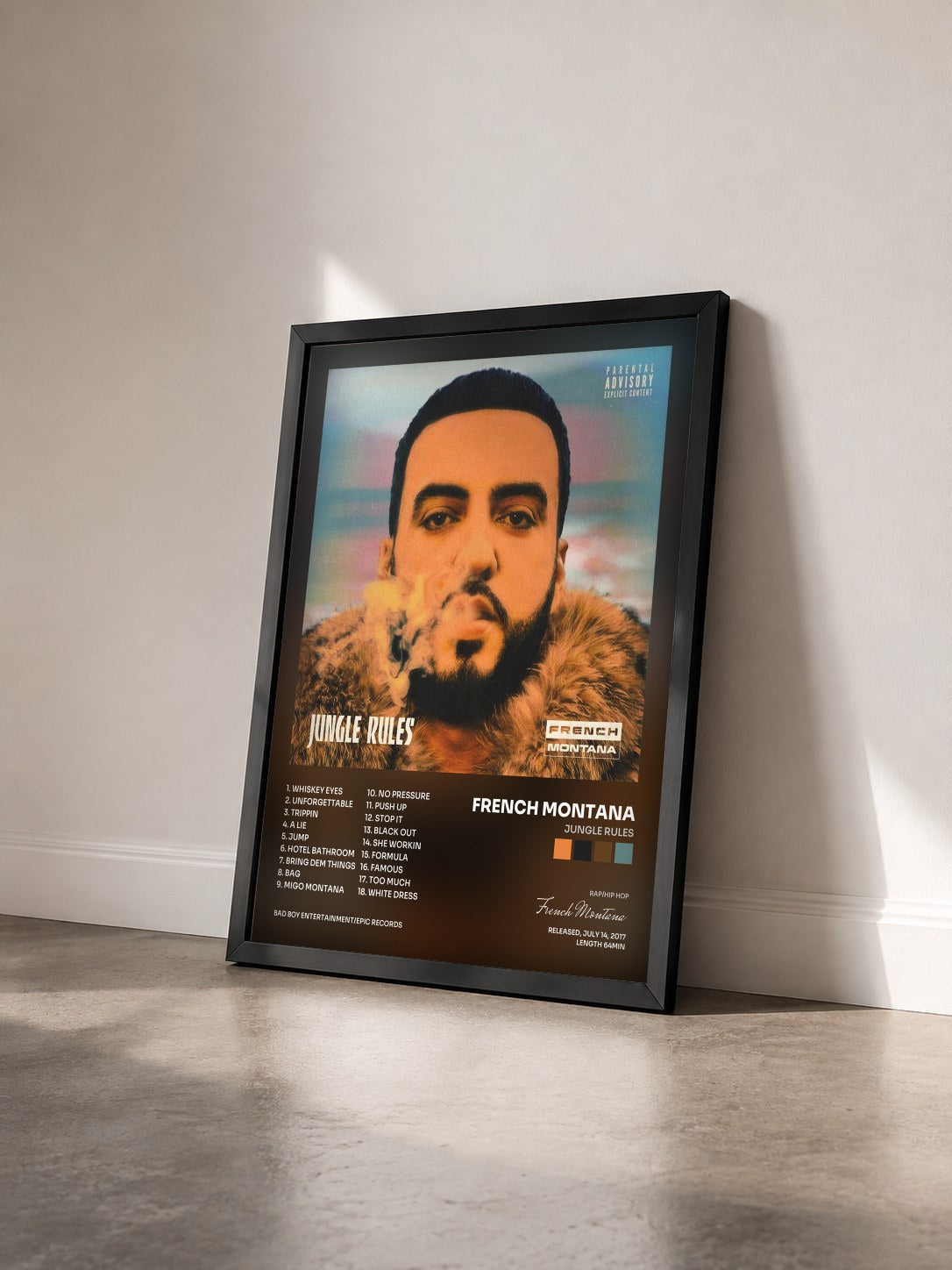 #noir Jungle Rules by French Montana as a framed art print seen at an angle, black frame