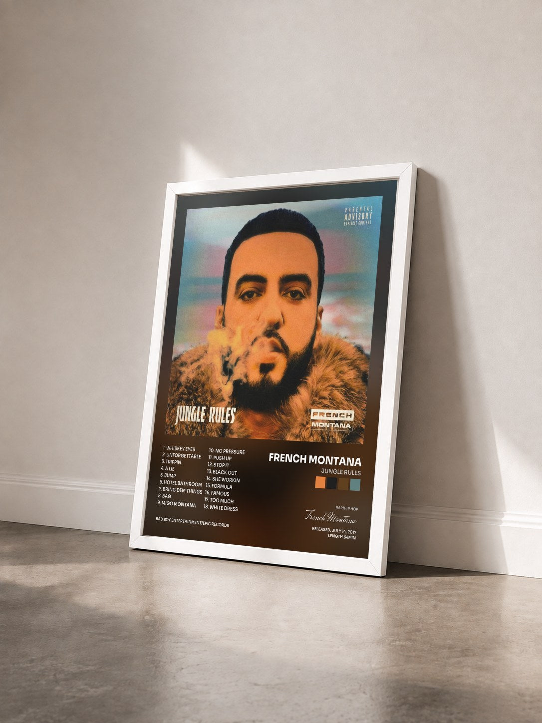 #blanc Jungle Rules by French Montana as a framed art print seen at an angle, white frame