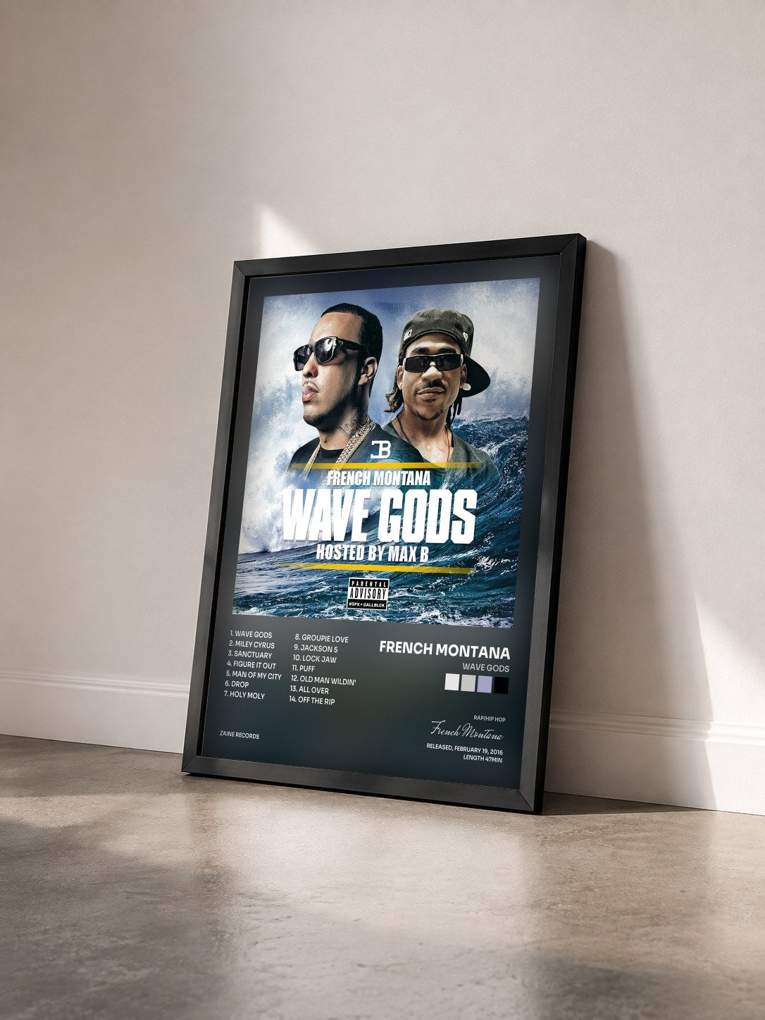 #noir Tableau de l'album Wave Gods de French Montana vu de trois quarts, cadre noir