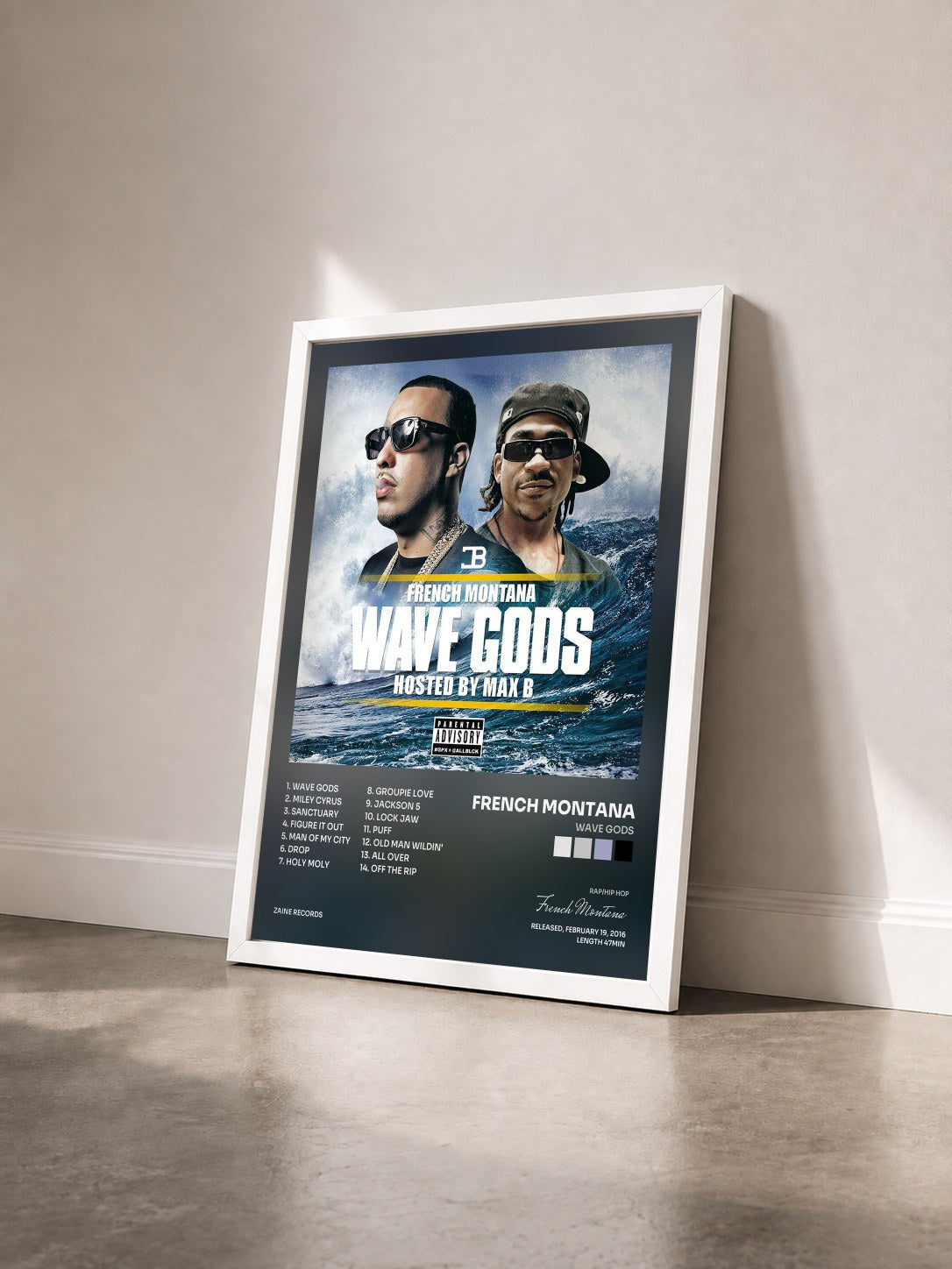 #blanc Tableau de l'album Wave Gods de French Montana vu de trois quarts, cadre blanc