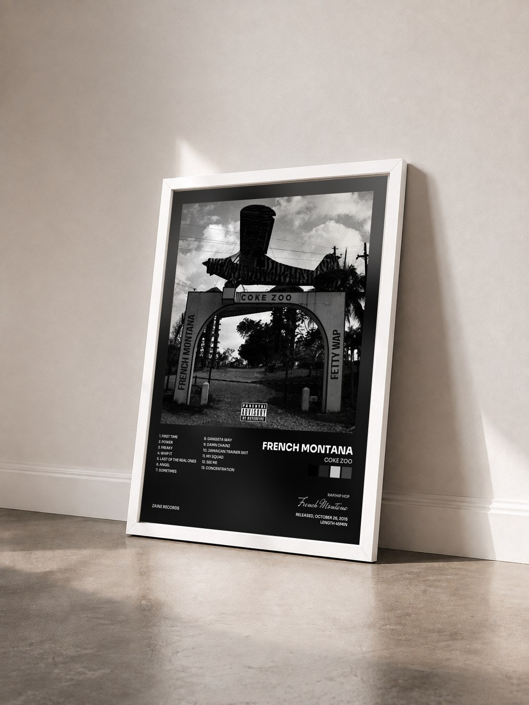 #blanc Tableau de l'album Coke Zoo de French Montana vu de trois quarts, cadre blanc