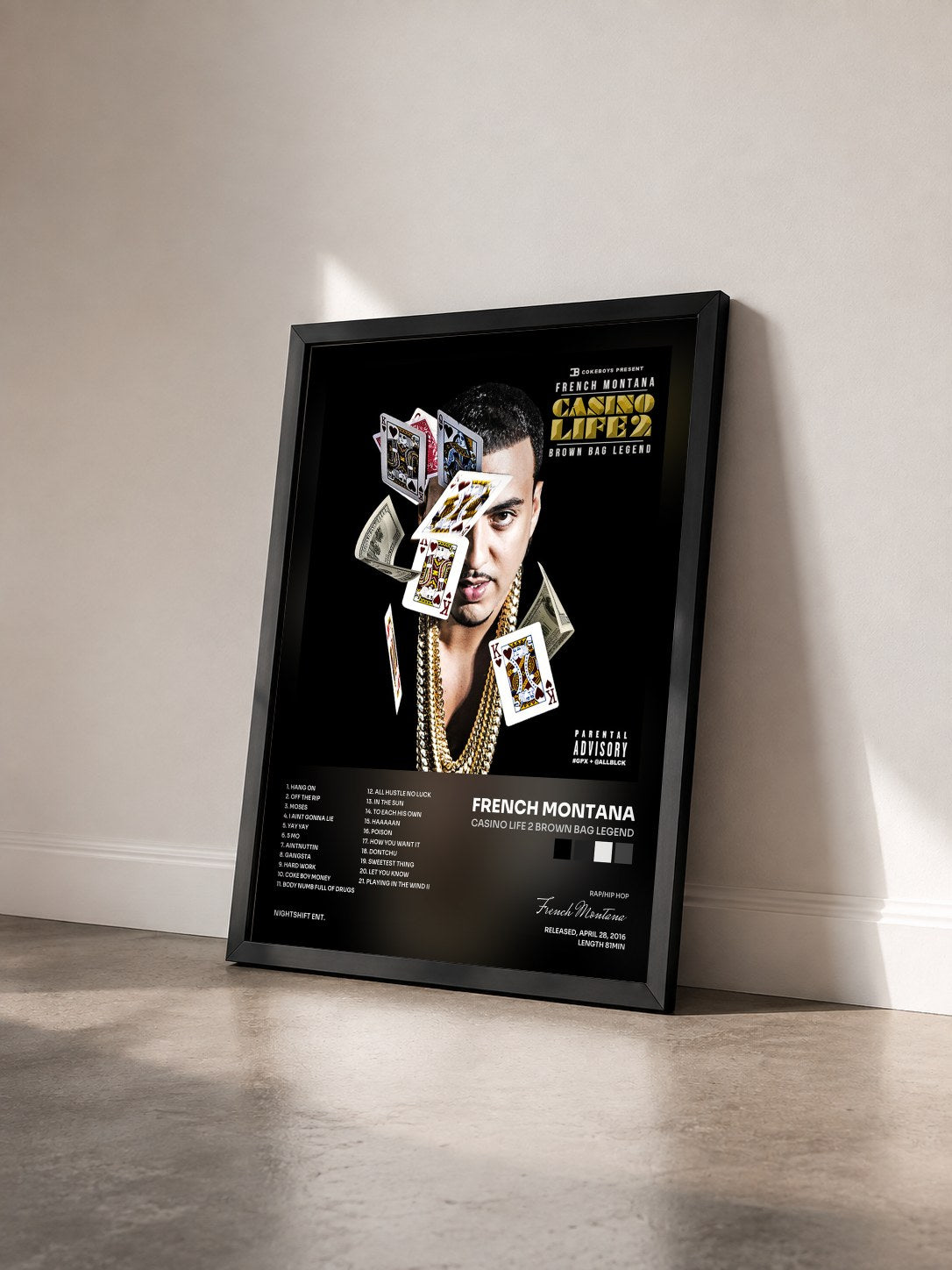 #noir Tableau de l'album Casino Life 2 Brown Bag Legend de French Montana vu de trois quarts, cadre noir