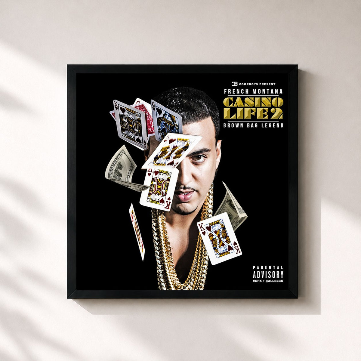 #noir Tableau carré de l'album Casino Life 2: Brown Bag Legend de French Montana, cadre noir 32x32 cm