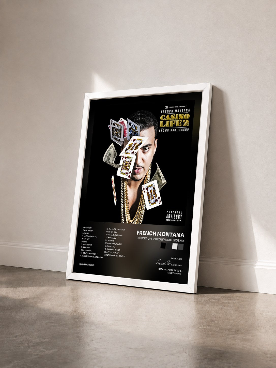 #blanc Tableau de l'album Casino Life 2: Brown Bag Legend de French Montana vu de trois quarts, cadre blanc