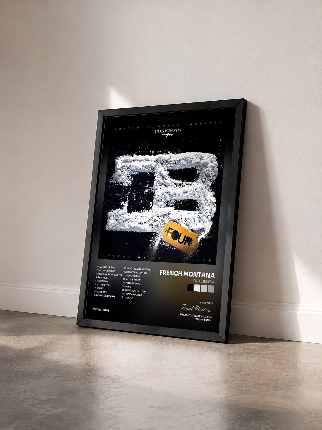 #noir Tableau de l'album Coke Boys 4 de French Montana vu de trois quarts, cadre noir