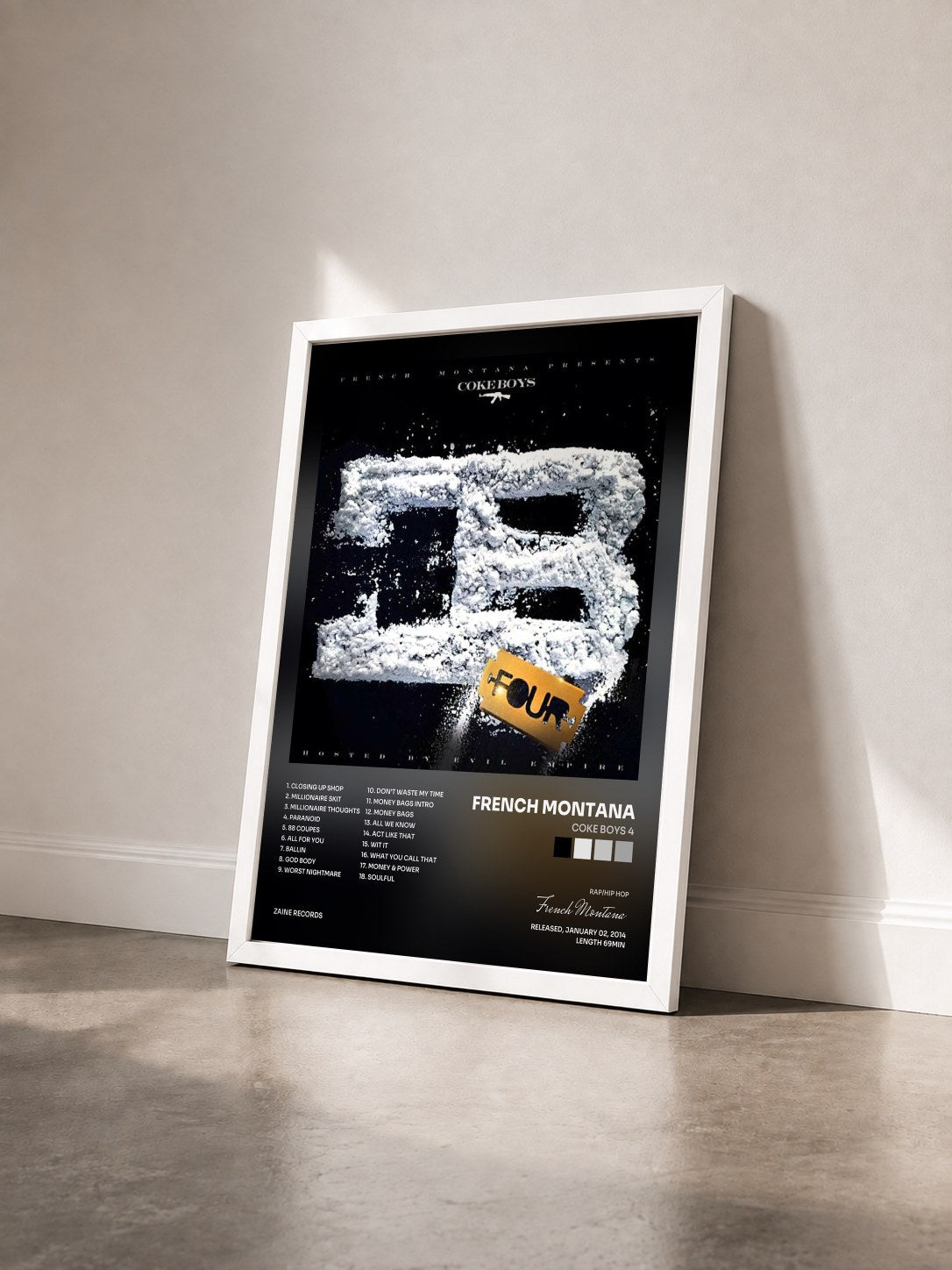 #blanc Tableau de l'album Coke Boys 4 de French Montana vu de trois quarts, cadre blanc