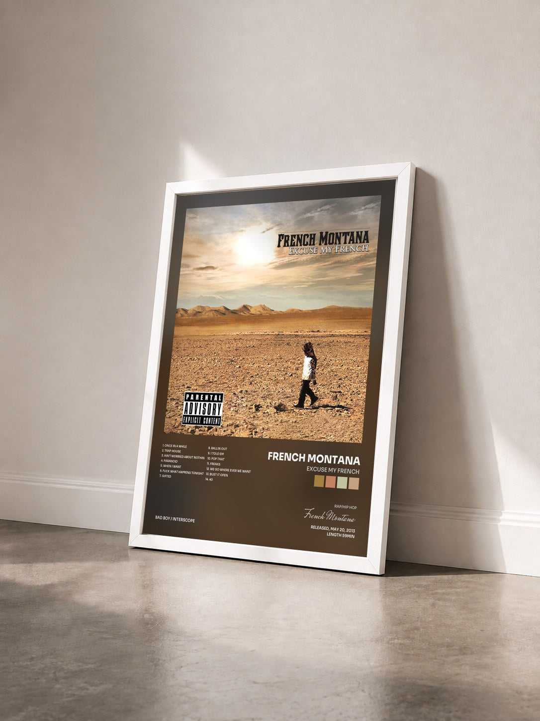 #blanc Tableau de l'album Excuse My French de French Montana vu de trois quarts, cadre blanc
