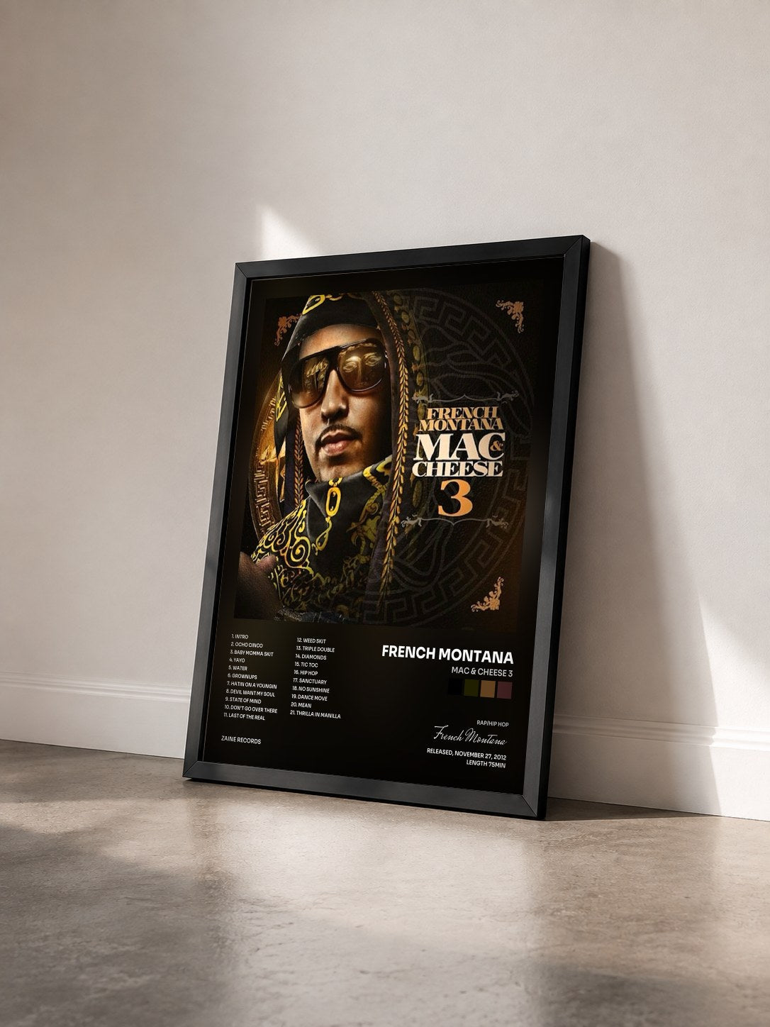 #noir Tableau de l'album Mac & Cheese 3 de French Montana vu de trois quarts, cadre noir