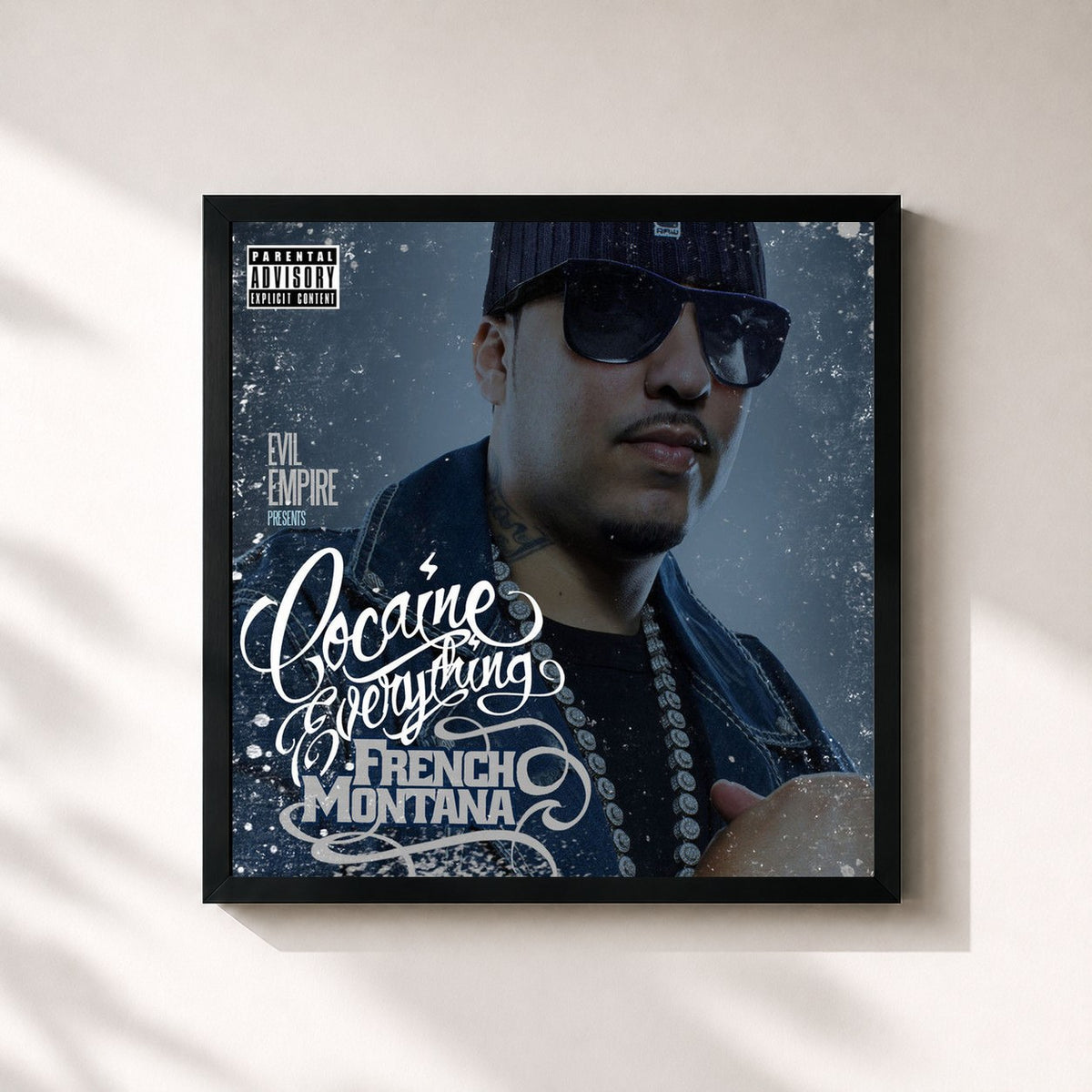 #noir Tableau carré de l'album Cocaine Everything de French Montana, cadre noir 32x32 cm